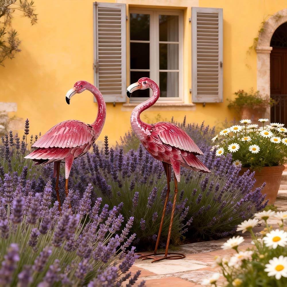 Kircust Outdoor Statue Flamingo Garden Decor, Yard Art Metal Birds Sculpture & Statues, Large Pink Flamingos Lawn Ornaments for Home, Patio, Backyard Decor (2-Pack)