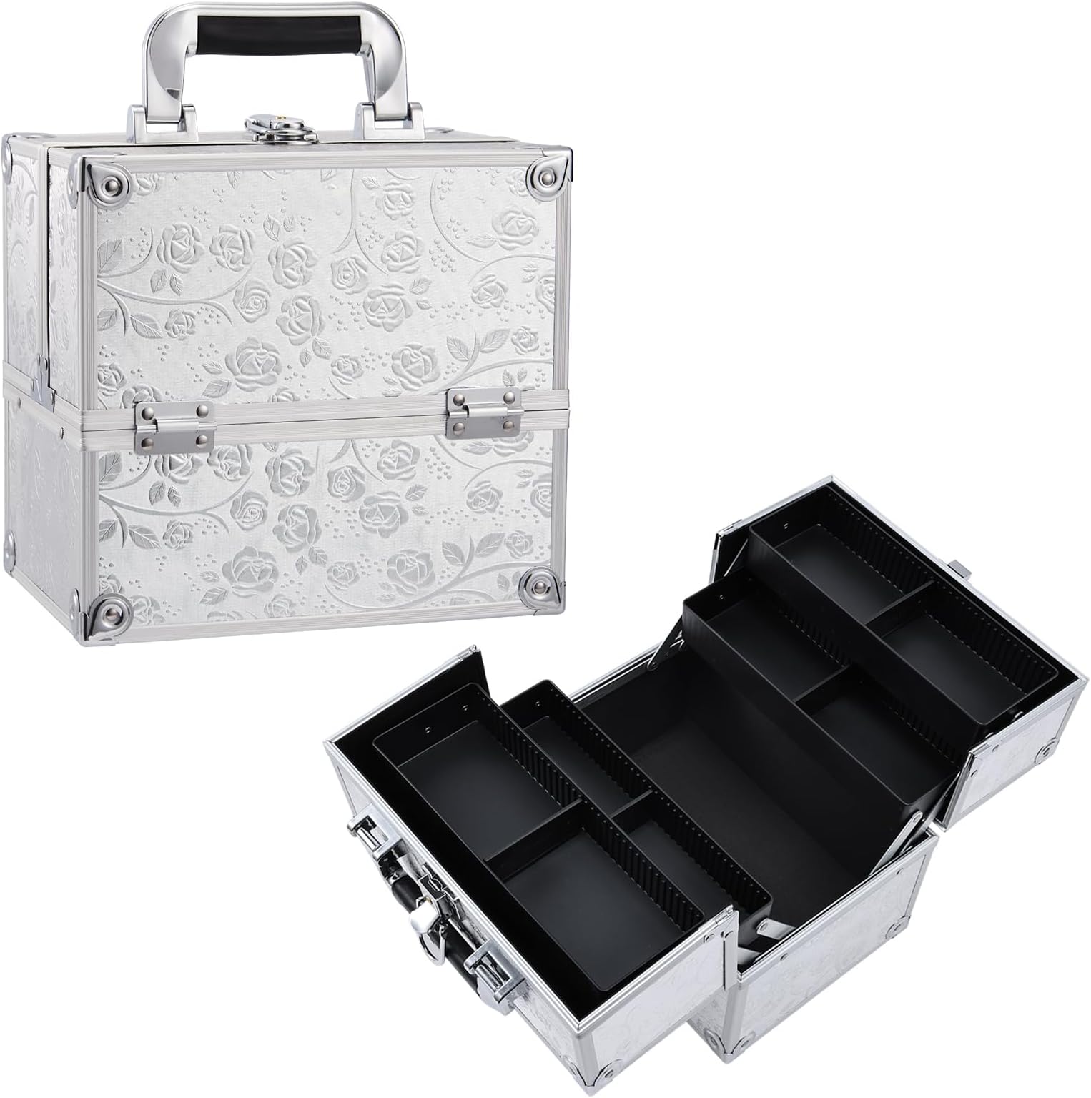 Professional Beauty Vanity Case Cosmetic Makeup Box Nail Polish Storage Beauty Train Case Lockable with Keys(Silver Rose)