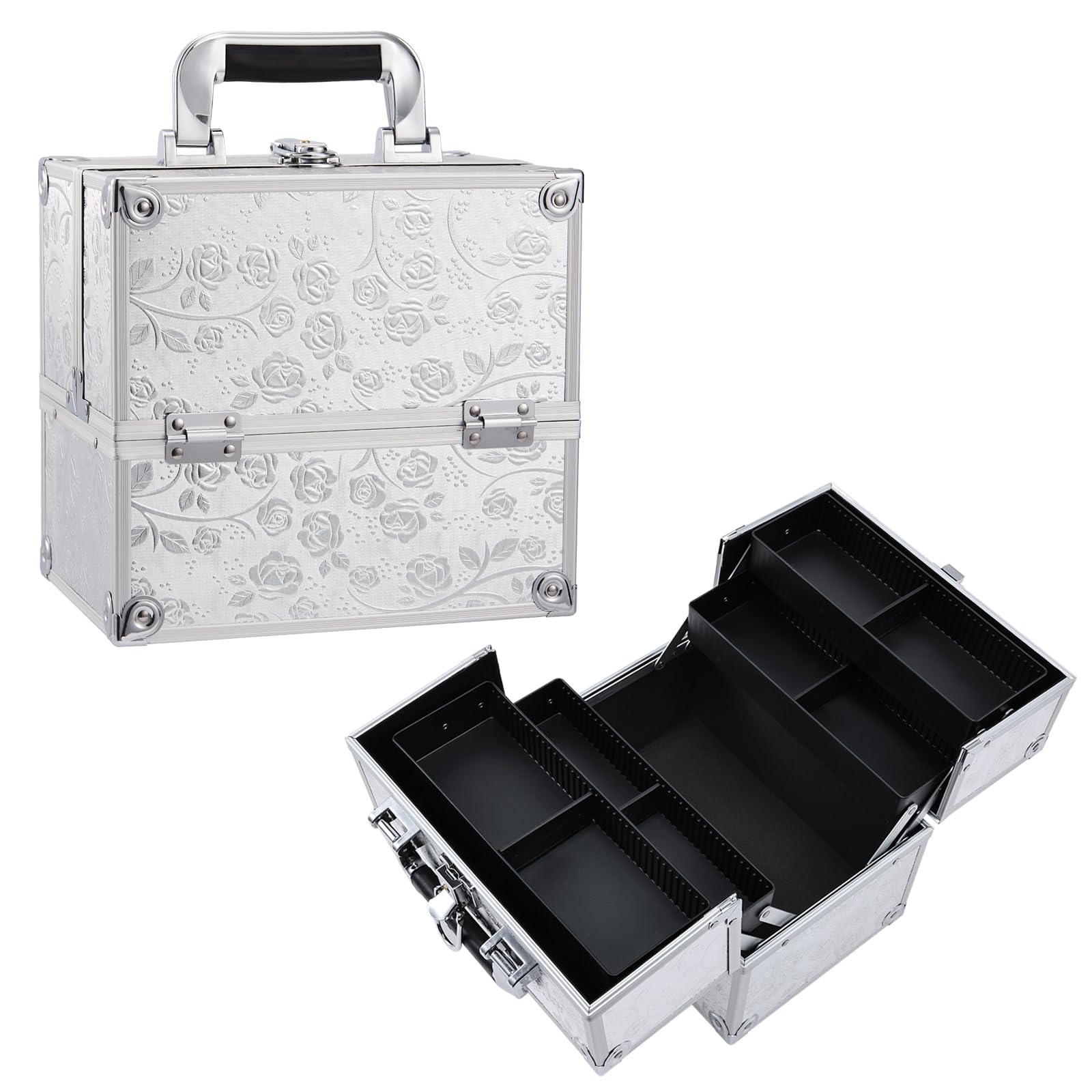 Grande mallette professionnelle pour maquillage et cosmétique en aluminium 9 compartiments Blanc Silver Rose 26*20*24 cm