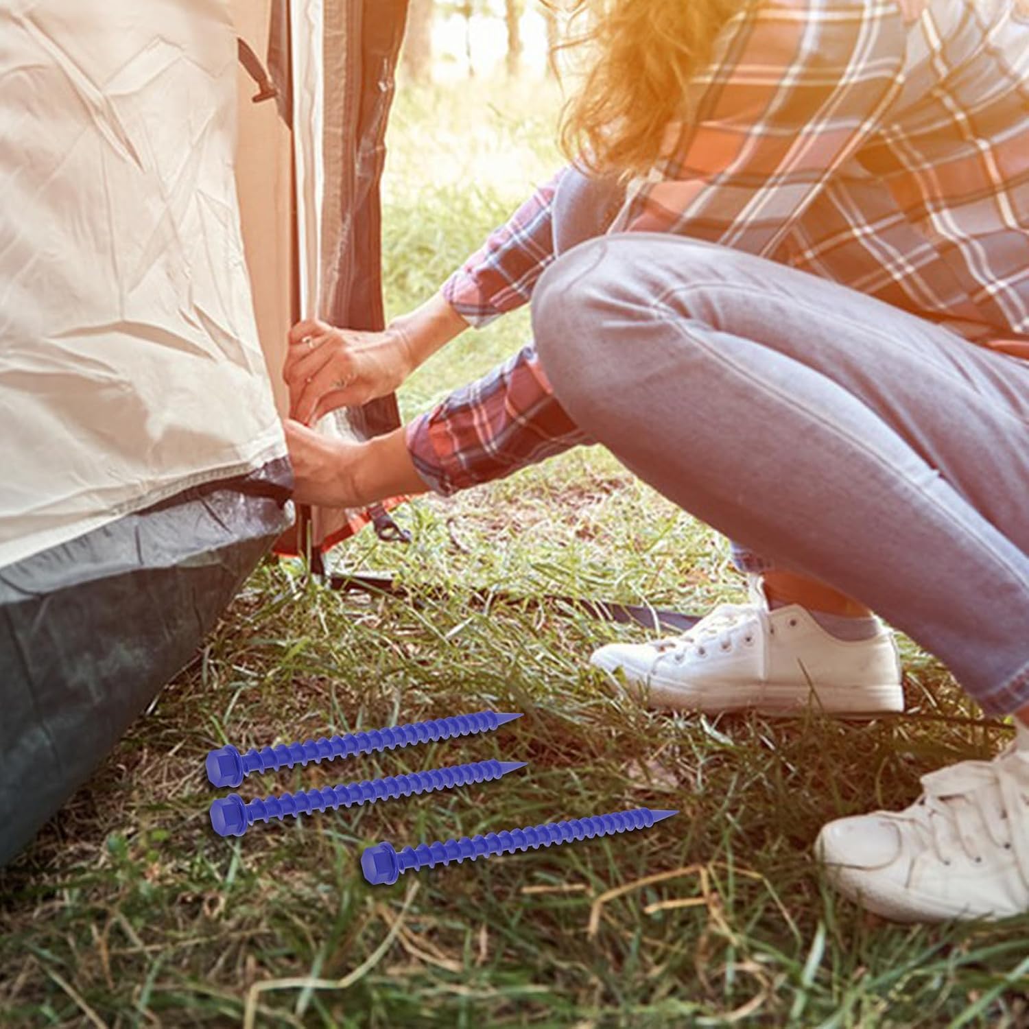 Camping Tent Stakes Plastic Tarp Stakes Blue Heavy Duty Threaded Canopy Pegs 5pcs for Outdoor Camping and Hiking Shelter Anchoring