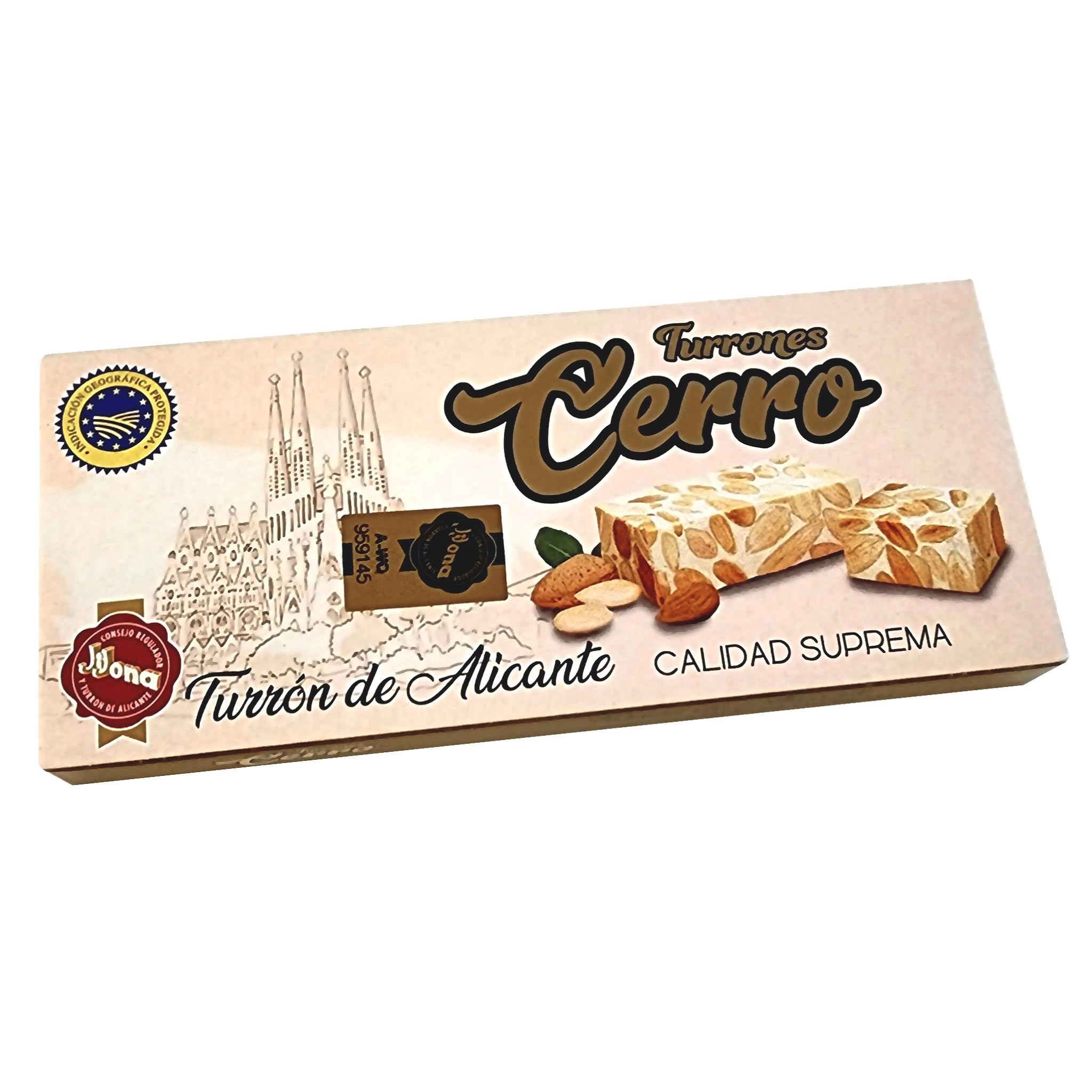 Turrón de Alicante Duro Cerro Supreme Quality 100% Natural - Almonds and Honey Hard Turron 200 g - Gluten Free, Lactose Free