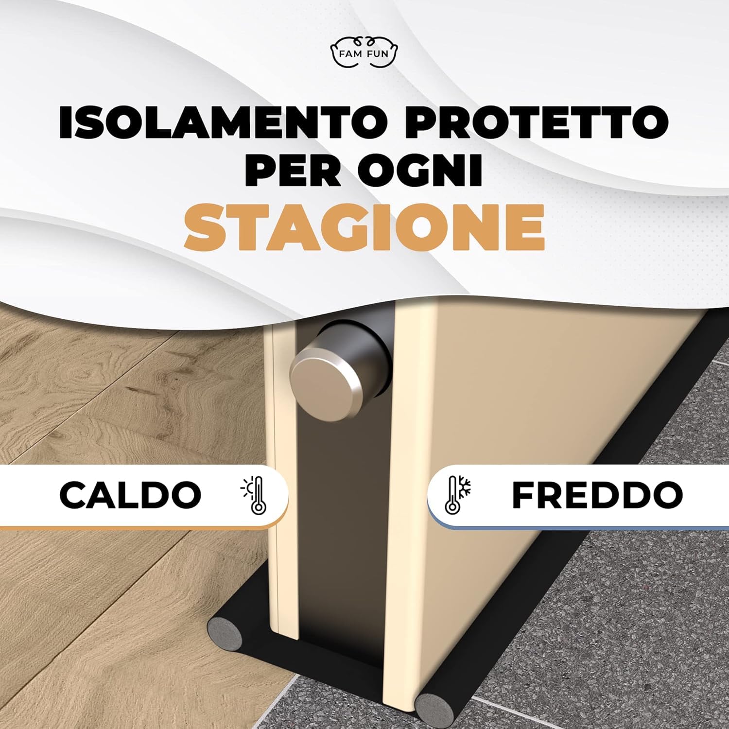 WÖRTHIT - Paraspifferi Sottoporta Impermeabile per Porte Blindate e Normali Interne ed Esterne - Si Accorcia su Misura - Protegge dal Freddo, Umidità, Acqua e dagli Insetti - Lavabile (Nero 80cm)