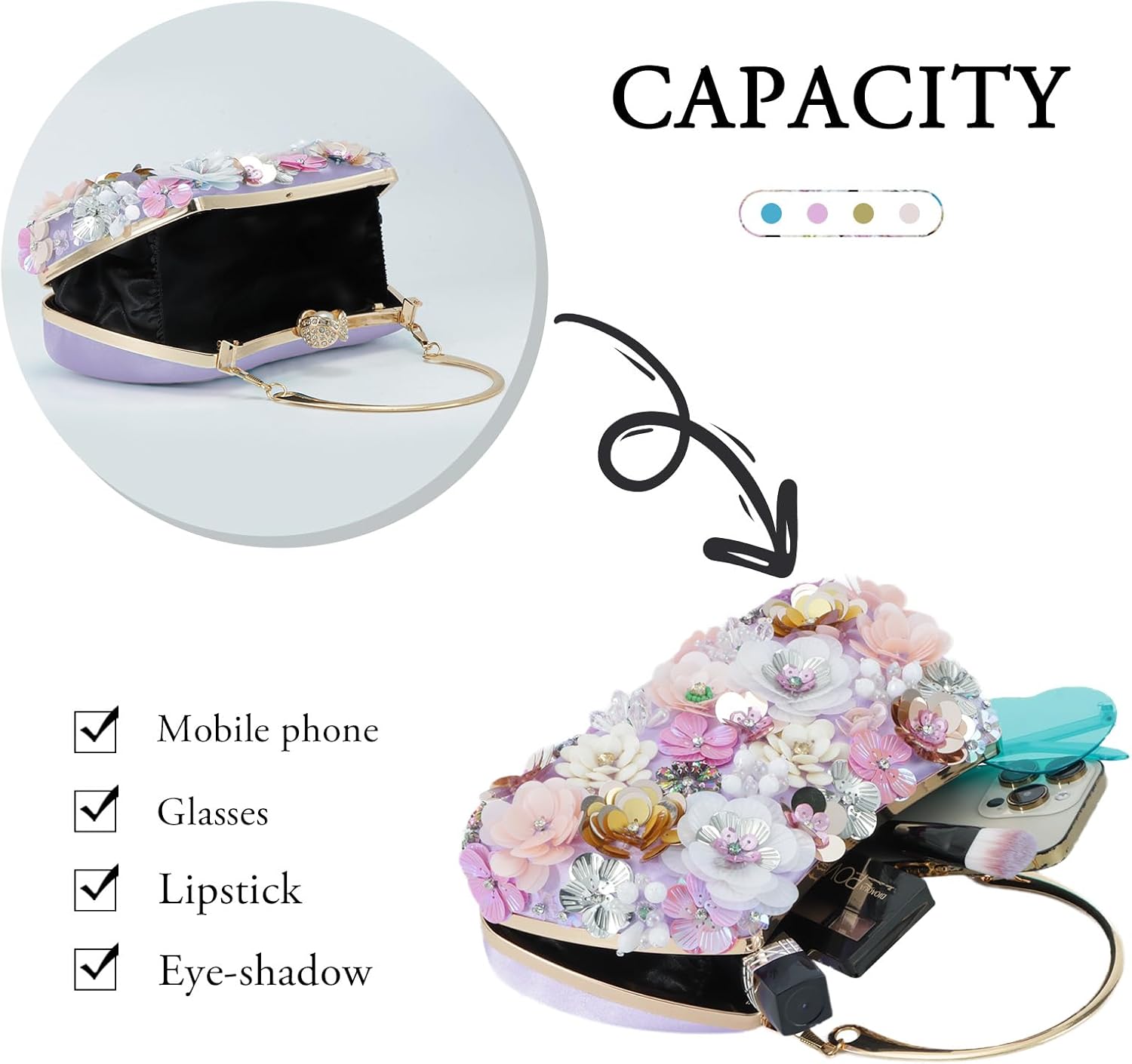 Lanpet Clutch Purses for Women Flower Evening Handbag Chain Strap Shoulder Bag for Formal Wedding Party