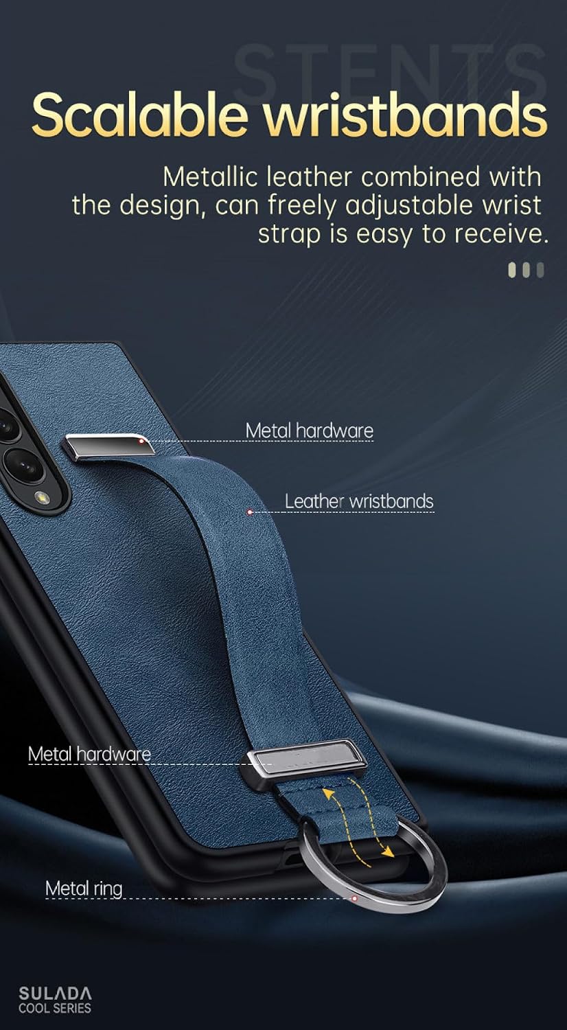 for Samsung Galaxy Z Fold 5 4 3 2 Case Luxury Leather Cover with Portable Wristband Hand Strap Kickstand Metal Ring,color4,for Galaxy Z Fold 4