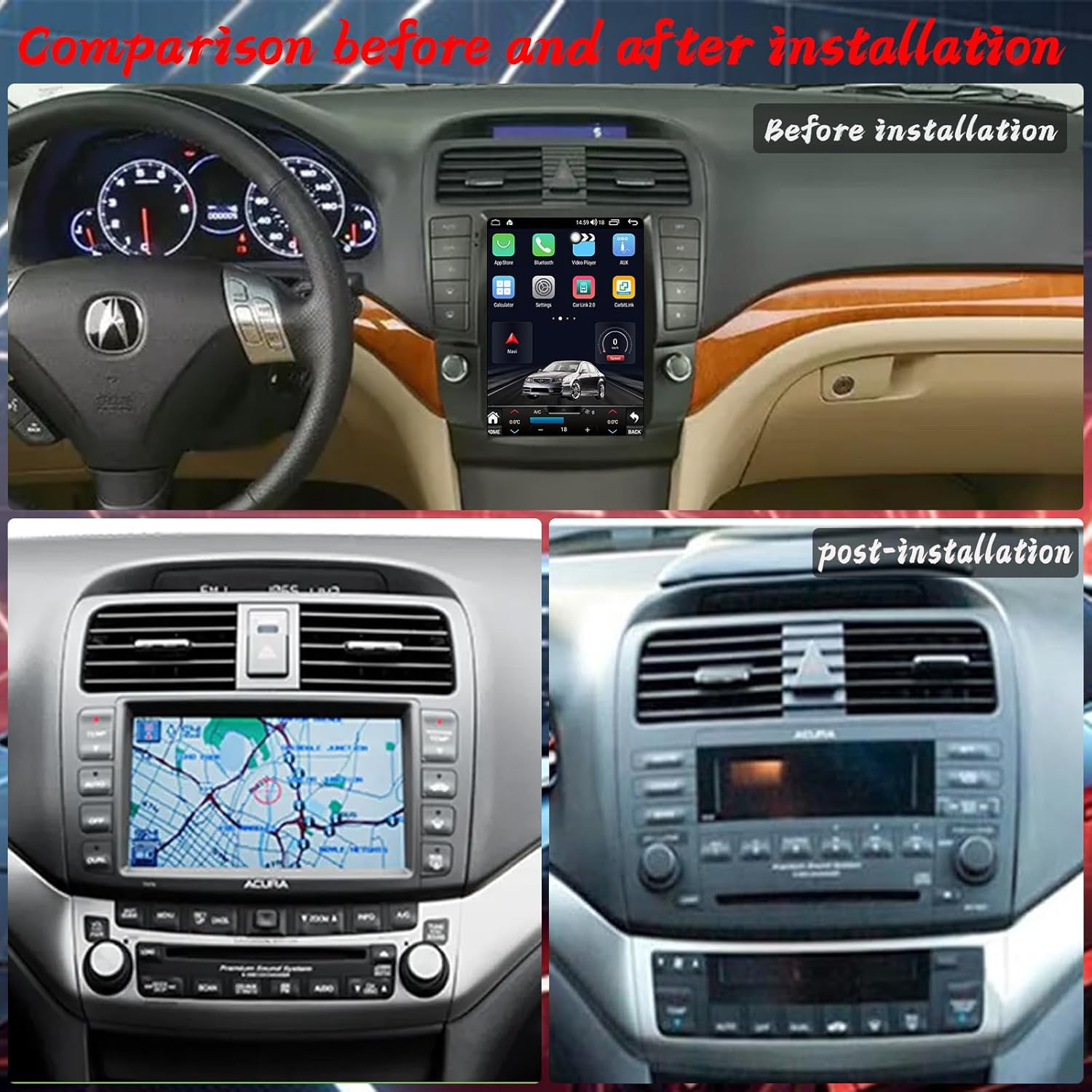 for Acura TSX 2004-2008 Android Car Stereo Radio, Tesla Style Touchscreen, 1080P HD Multimedia Video Player, Wireless CarPlay & Android Auto, Bluetooth, GPS Navigation, 5G WiFi, DSP, Backup Camera