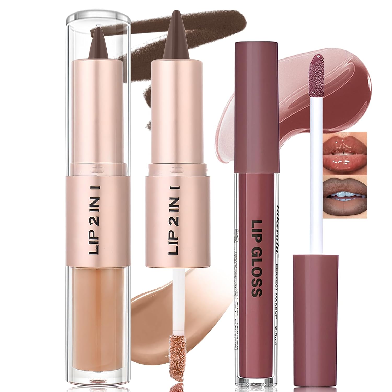 Lip Liner and Gloss Set, 2 in 1 Lip Duo Brown Lip Liner Pencil Nude Liquid Lipstick with Nourishing Lip Gloss Smooth Plumping Lip Kit High Shine High Pigmented Lip Combo Makeup for Women