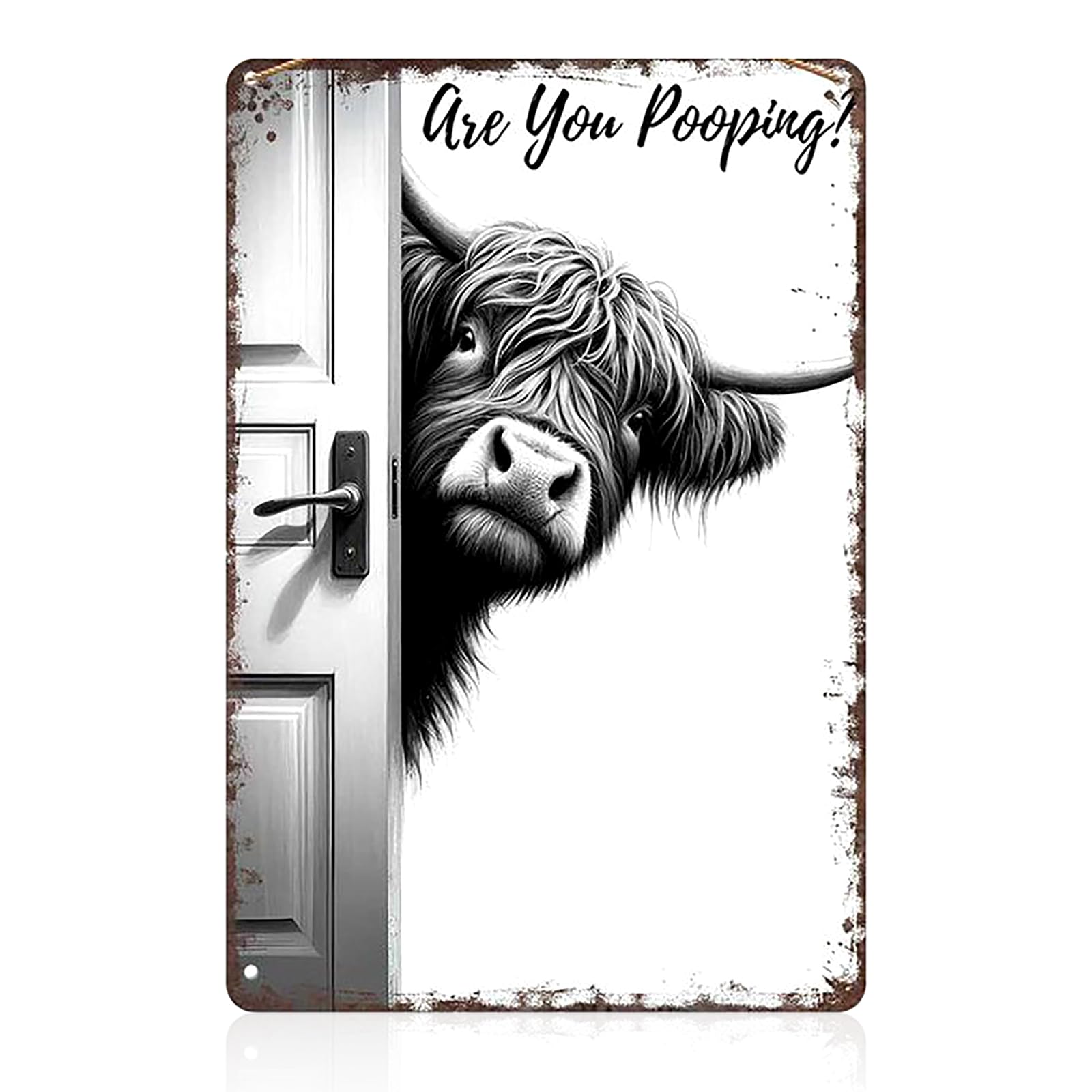 Funny Bathroom Wall Art Are You Pooping Sign, Vintage Highland Cow Metal Tin Pictures for Toilet Decor, Humorous Rustic Farmhouse Restroom Accessories, Quirky Wall Decor Gifts for Home Office Apartmen