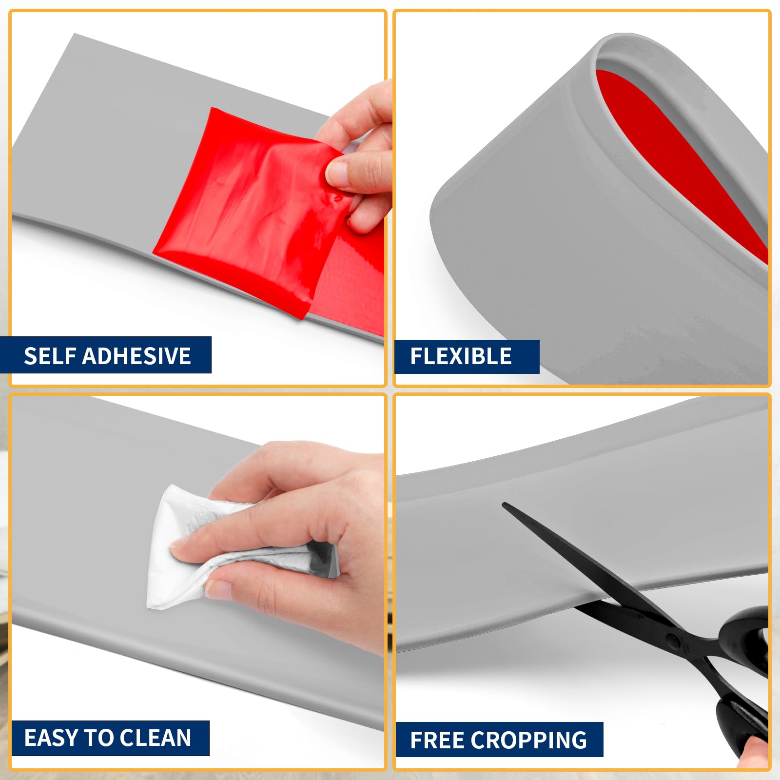 Modanatura flessibile per battiscopa, base autoadesiva in vinile, 10,2 cm, base adesiva per parete (15,2 m, grigio)