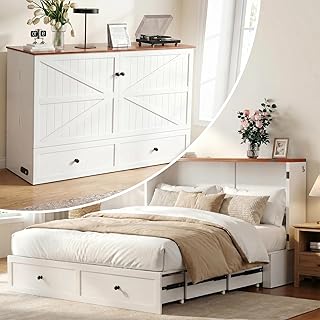 White CECER queen Murphy cabinet bed