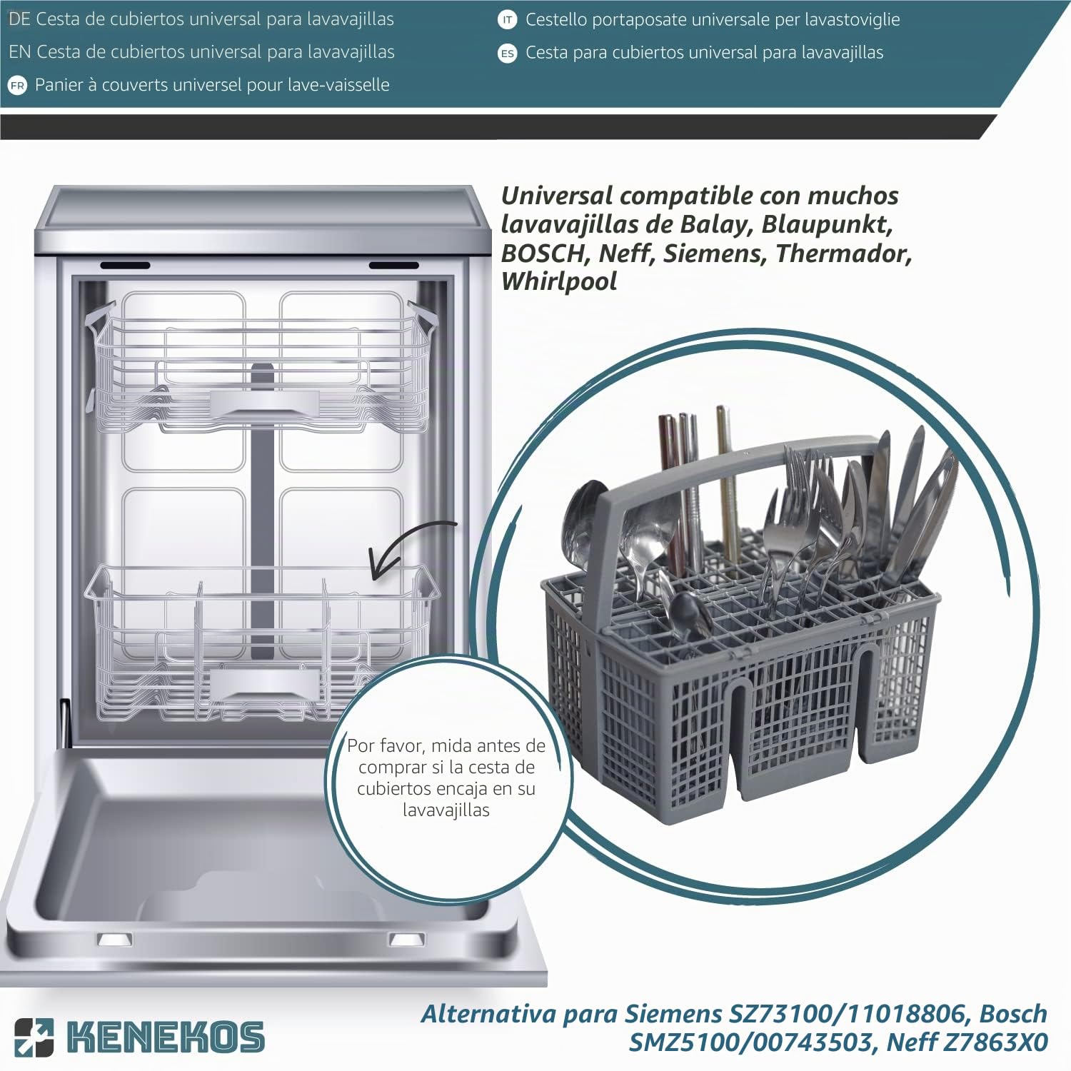 Kenekos - Cesta de cubiertos para lavavajillas compatible con Siemens SZ73100 / 11018806, Bosch SMZ5100/00743503, Neff Z7863X0 - Accesorios para lavavajillas - plástico de dimensiones estables