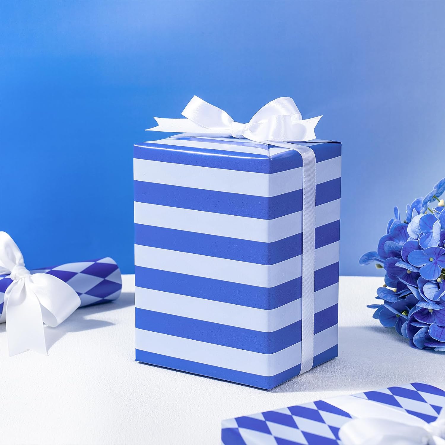 RUSPEPA Reversible Wrapping Paper Roll, Mini Roll, Blue and White Stripes and Diamond Pattern Gift Wrap for Birthday, Wedding, Baby Shower, Easter, Father's Day, Graduation, 17 Inches x 16.4 Feet image 4
