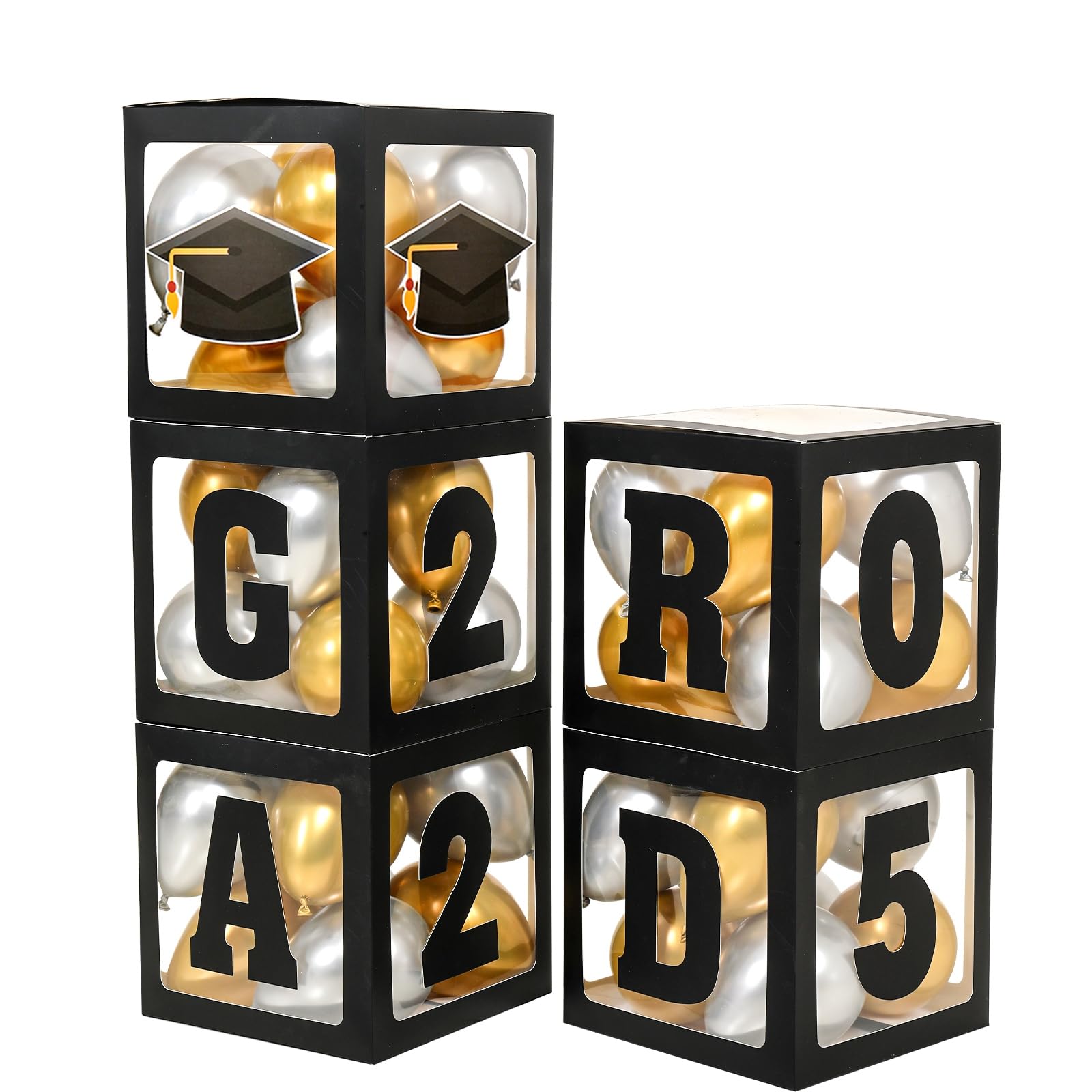 Graduation Decorations Class of 2025,5pcs 2025 Black Balloon Boxes with Letters GRAD,2025,Cap for Preschool Kindergarten High School College Grad Party Celebration