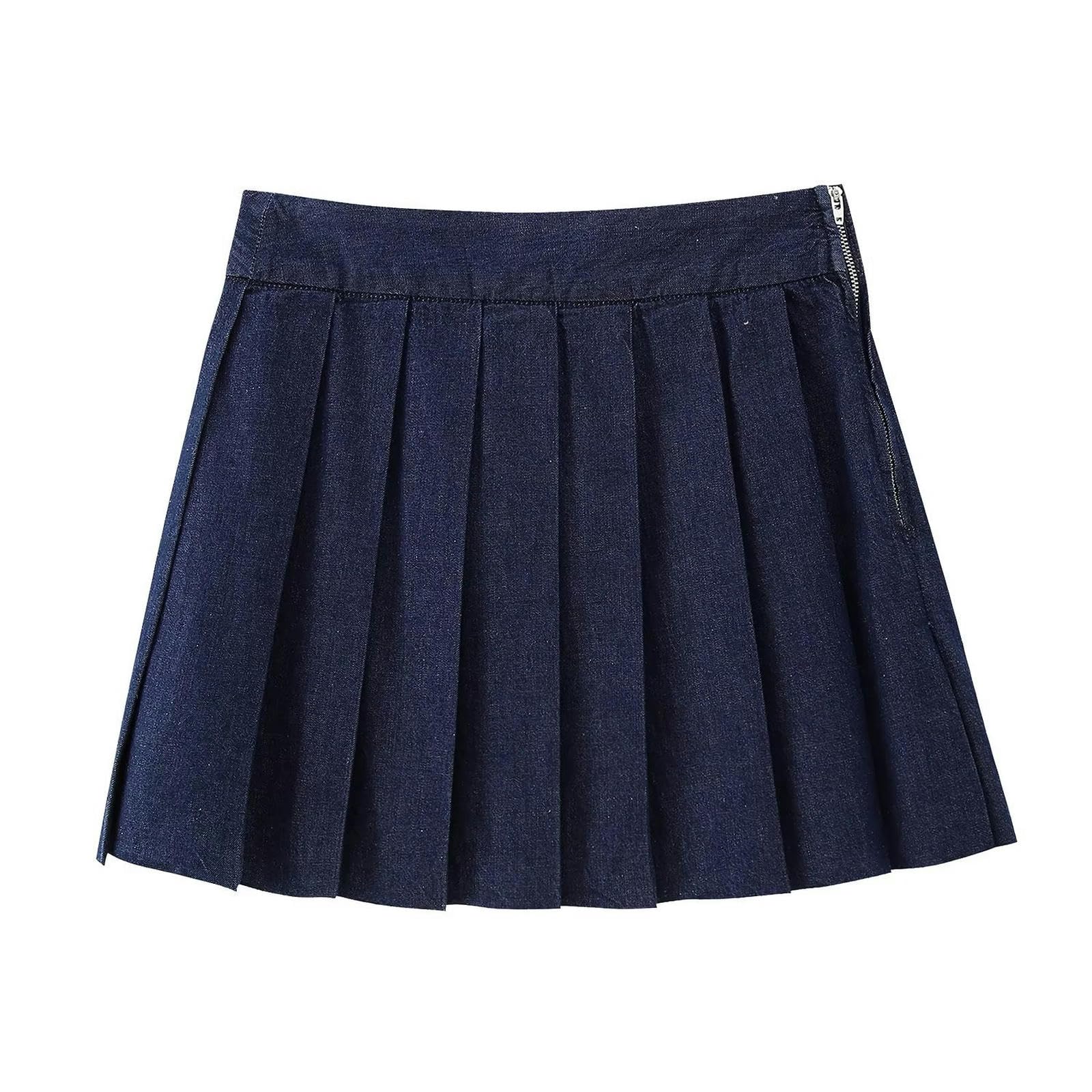 Jupe plissée bleu foncé en jean pour femme coupe large et polyvalente style streetwear 3188