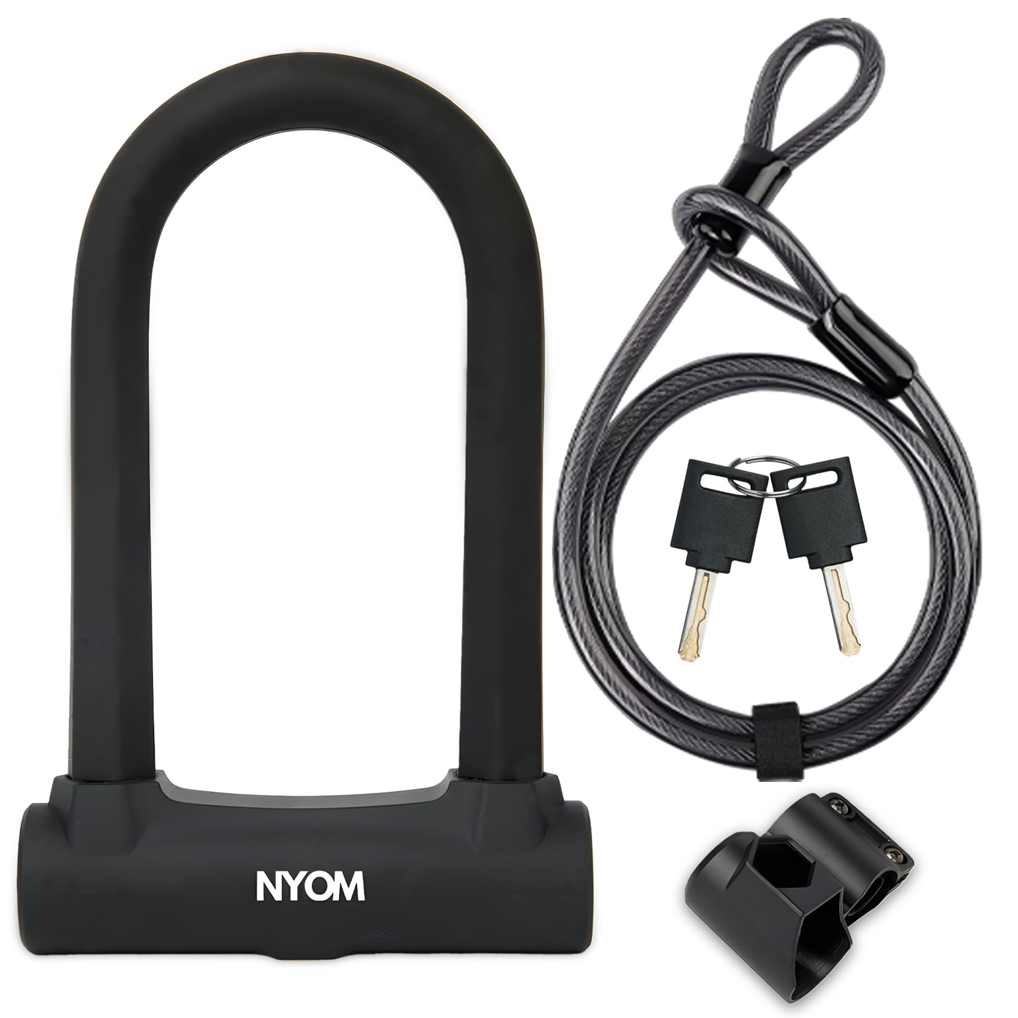 NYOM Heavy Duty D Lock with Cable – 17mm Anti-Theft Bicycle Lock for Road, Electric & Folding Bikes – 5ft Steel Cable, 2 Keys & Frame Mount Included