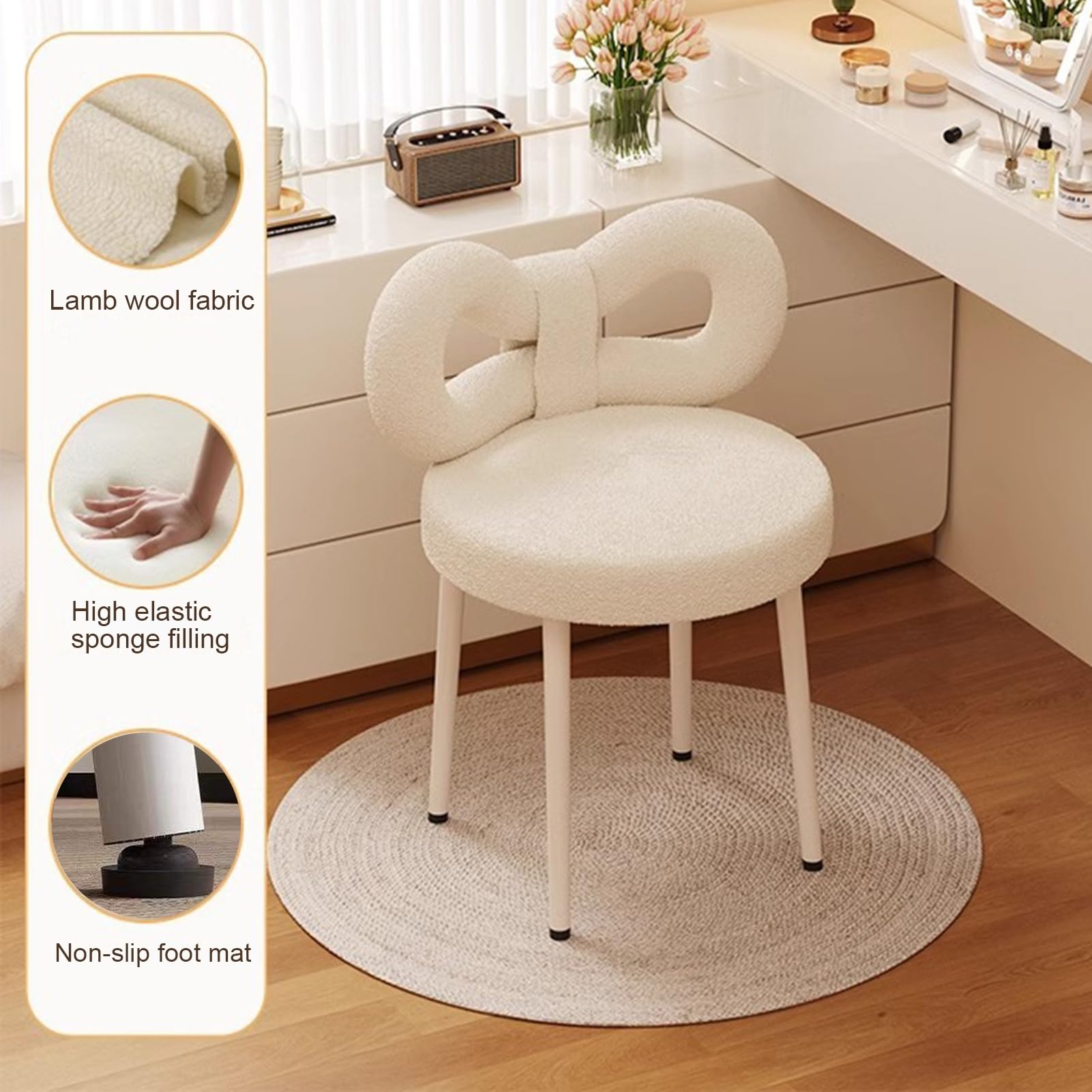 Petit Tabouret de Coiffeuse avec Dossier Noeud Papillon, Chaise de Maquillage pour Chambre à Coucher, Femmes et Filles, Coussinets Pieds réglables, sans accodoirs Salle de Bain, Blanc