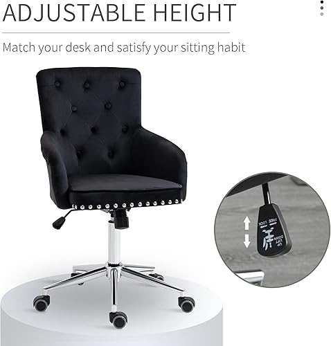 Miniatura 4 de HOMCOM Silla de escritorio moderna con respaldo medio con respaldo de terciopelo copetudo, ribete de cabeza de clavo, silla giratoria de oficina en