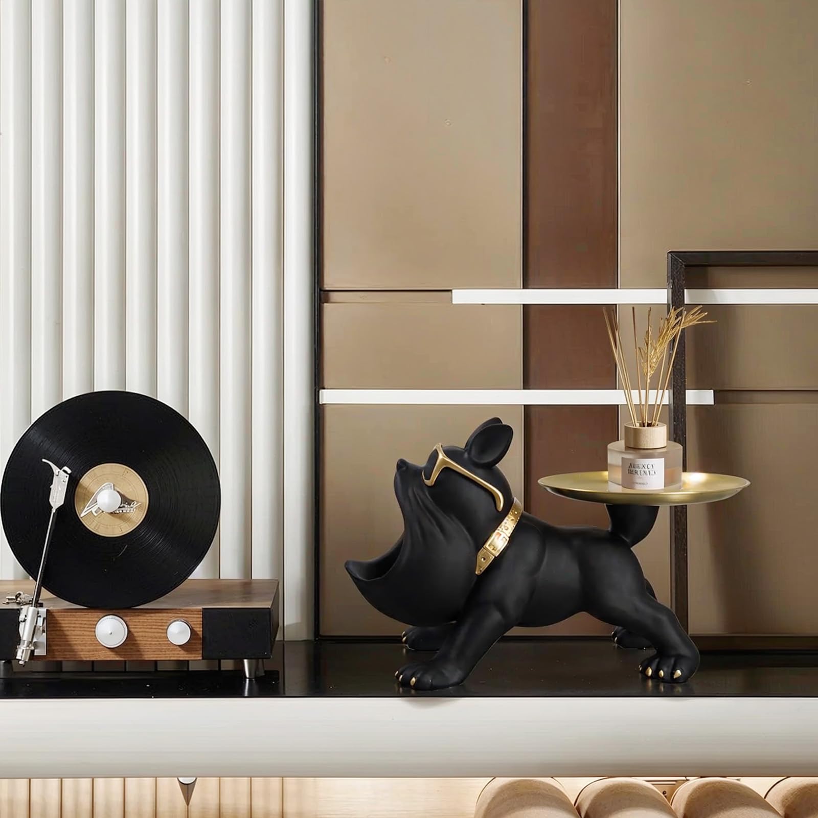 Vassoio decorativo per bulldog francese, Statua del vassoio del bulldog francese con vassoio in acciaio inossidabile, Scultura di cane in resina, Decorazione per corridoio, soggiorno, nero