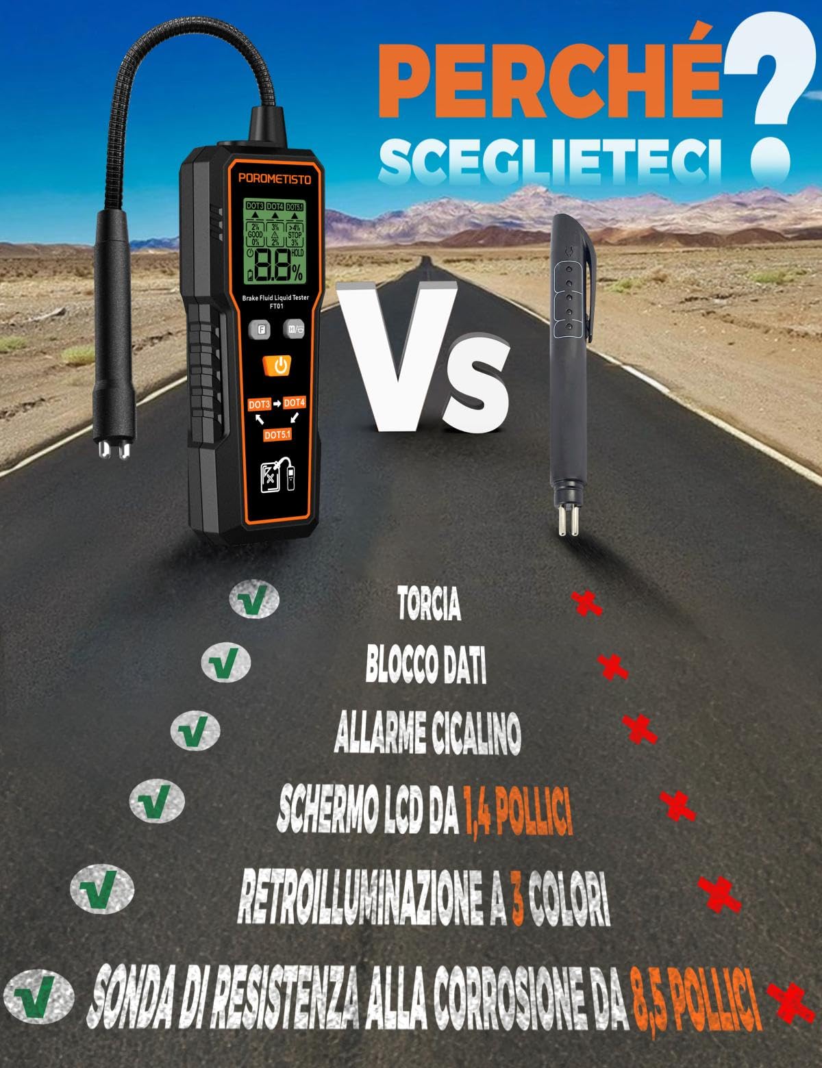 FT01 Tester per Liquido Freni Professionale con Sonda Anticorrosione e Sensibile per DOT3 DOT4 DOT5.1, Display LCD con Retroilluminazione, Tester Liquido Freni Professionale