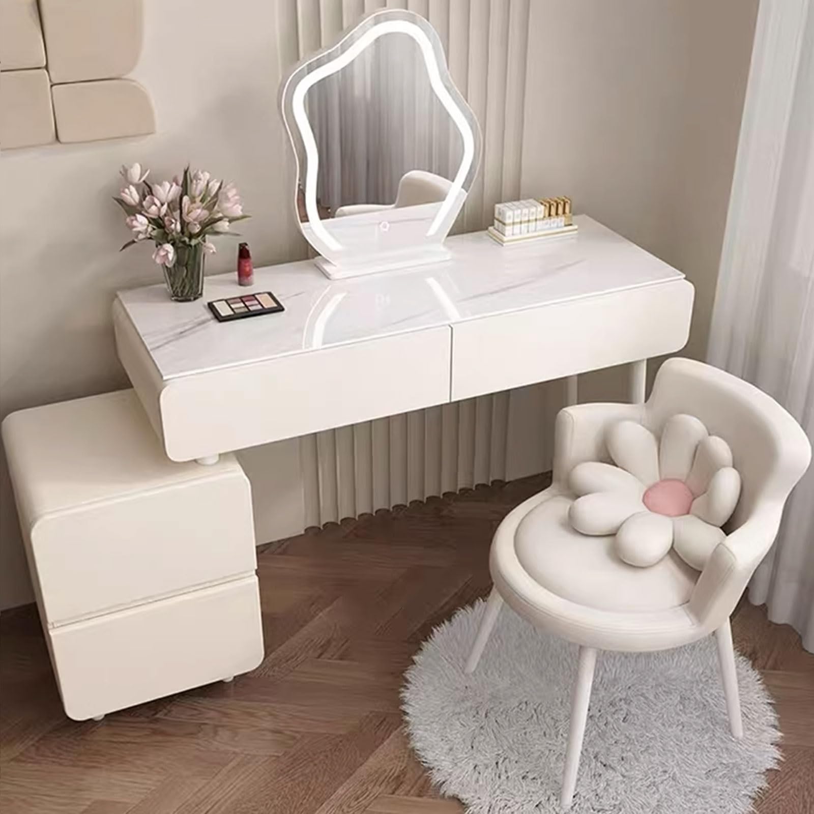 Toeletta da Trucco con Sgabello Tavolo Cosmetici, Liberamente a Scomparsa, Salvaspazio, con Cassetti In Legno Massello e Specchio Per Trucco Smart a Led a Forma di Nuvola ( Color : White , Size : 100C