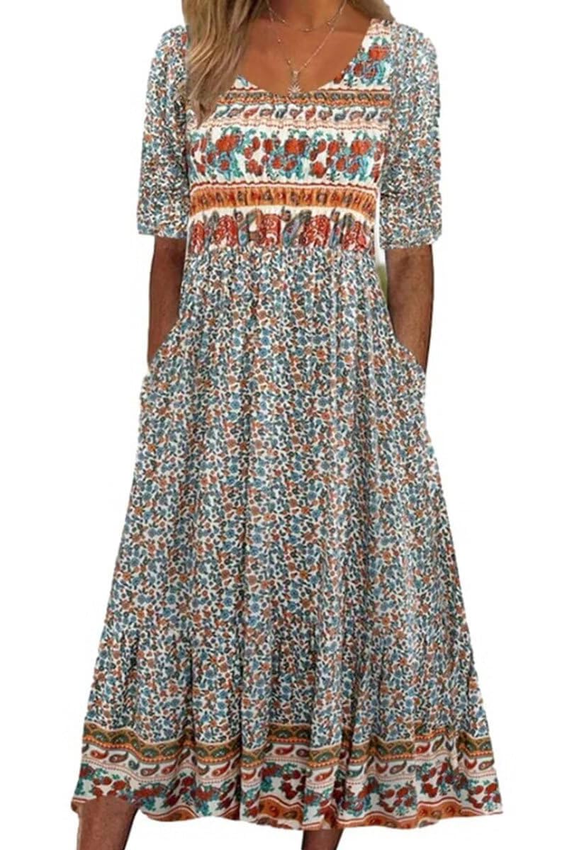 ABYOVRT Vestidos Largos Verano para Mujer Maxi Casual Estampada Retro Vestido de Manga Corta Informal Vestido de Playa con Bolsillos,S-XXL