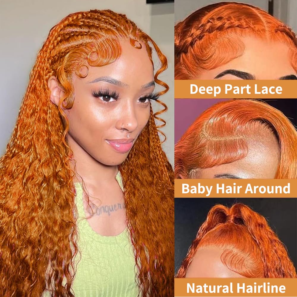 Ginger Wig Human Hair Deep Wave Wig 13x6 HD Frontal Curly Orange Lace Front Wigs Human Hair Pre Plucked 200 Density Glueless Wigs for Women Wet And Wavy 20 Inch - Image 4