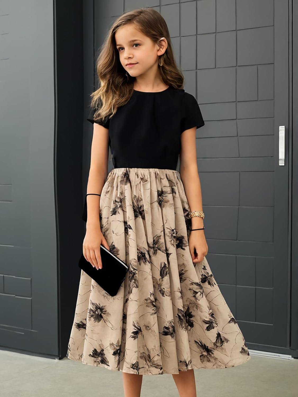 New 8-14Years Girls Elegant Dress Short Sleeve A-Line Floral Midi Party Special Occasion - Image 8