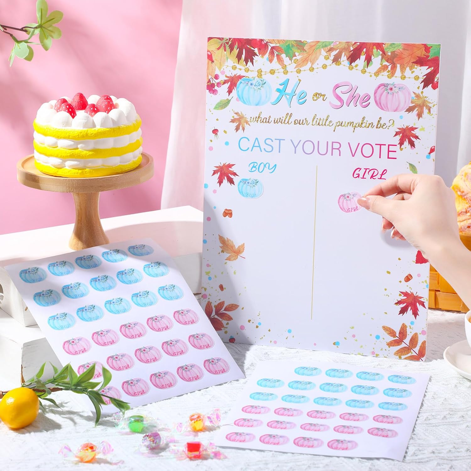 Poen Gender Reveal Board with Stand What Will Our Be Gender Reveal Game with 60 Pcs Voting Stickers for Cast Your Vote Guess Game Baby Shower(Warm) image 4
