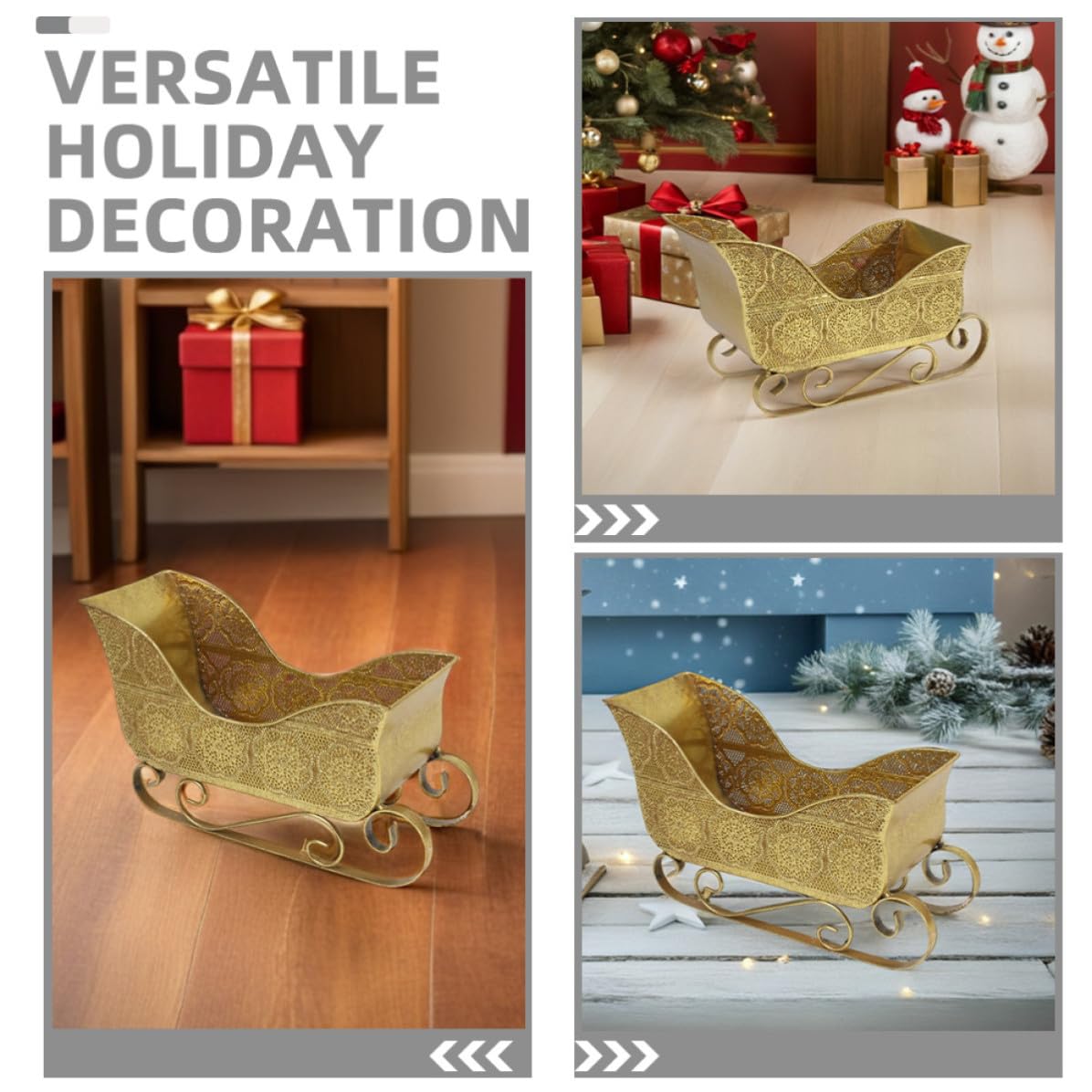 Kichvoe Trineo Decorativo Navideño de Hierro Dorado para Centro de Mesa