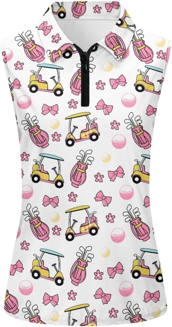 Irisjudy Women Sleeveless Golf Polo Shirts Pink Sea Turtle Quick Dry V Neck Tennis Tops Retro Flower Bird Zip Workout Shirts