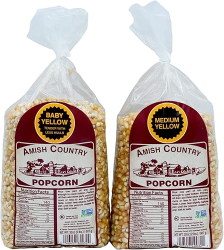 Amish Country Popcorn  2 libras amarillo bebé y 2 libras de granos amarillos medianos  Anticuado, sin OMG y sin gluten