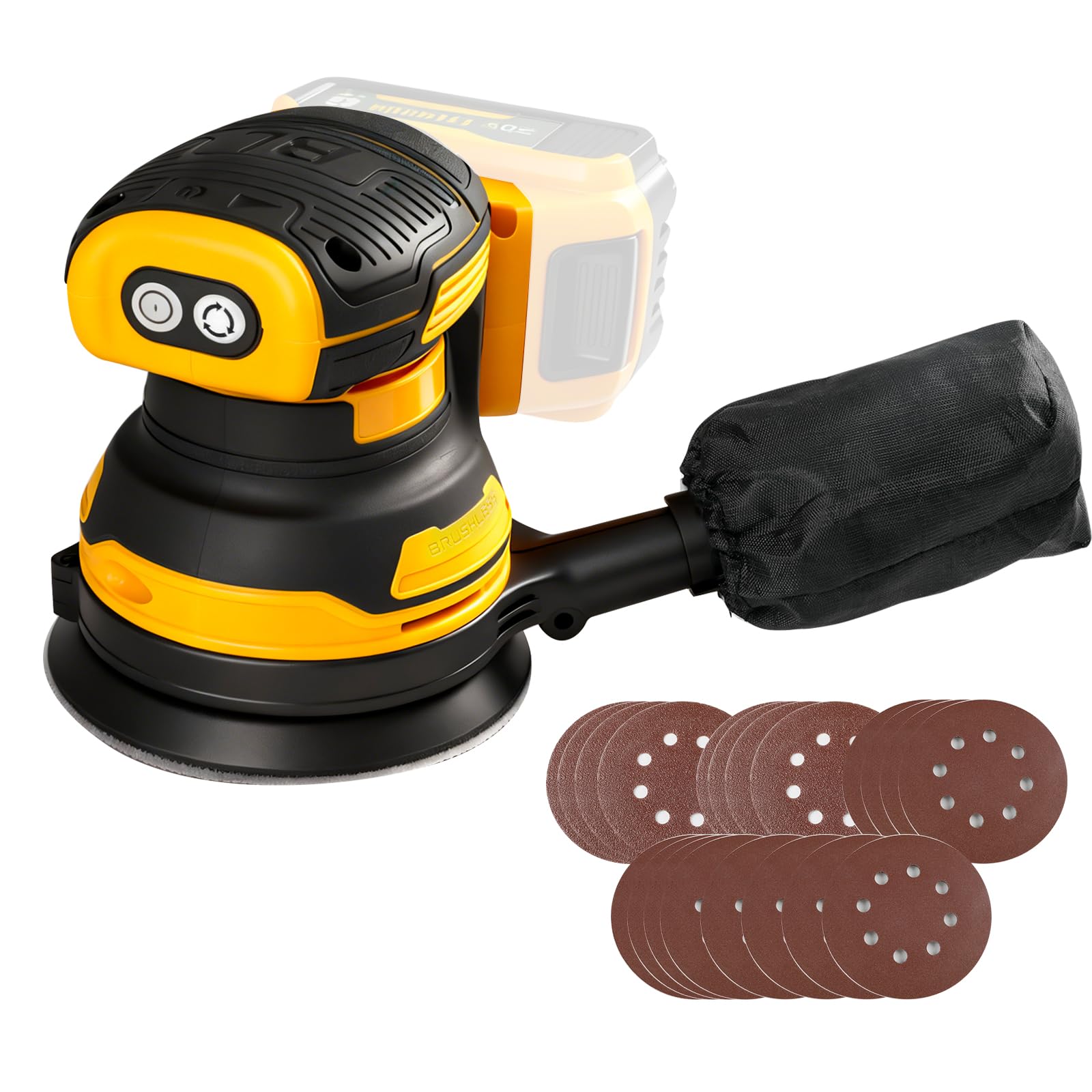 Random Orbit Sander, Cordless Circular Sander Compatible with 20V DEWALT Batteries Brushless 11000 RPM Sanding Machine with Dust Bag Dust Hood and 20PCS Sandpaper for Sanding Polishing