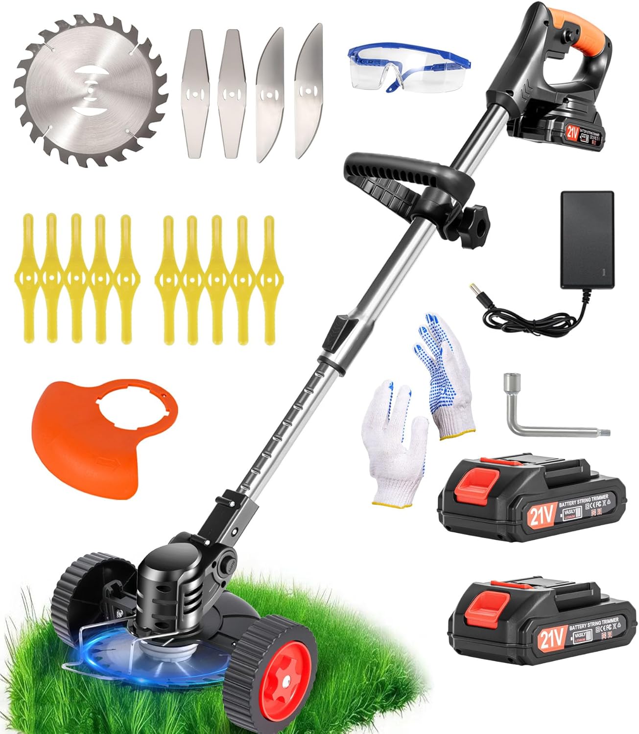 Cordless Weed Wacker Electric Weed Wacker 21V Battery Powered Brush Cutter 3-in-1 Lightweight Grass Trimmer Weed Cutter Lawn Edger with 3 Types Blade & Wheels for Lawn Garden Yard Care