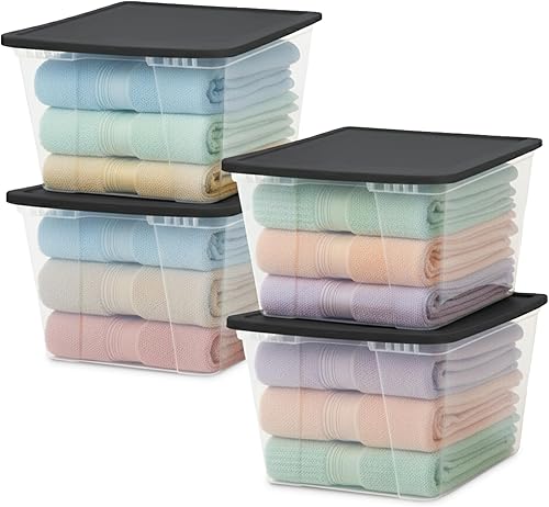 HOMZ Paquete de 4 contenedores organizadores grandes de plástico transparente con tapas, 56 cuartos de galón, color gris, cajas apilables para