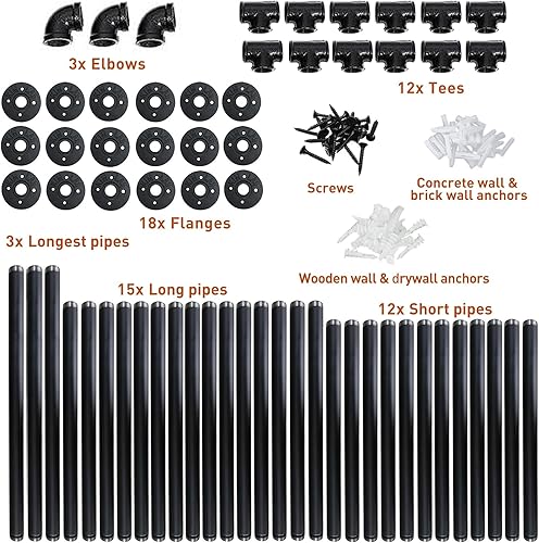 Miniatura 4 de HITOMEN Estantes industriales de tubos de hierro, 3 juegos de 5 niveles, 70 pulgadas de alto, 12 pulgadas de profundidad, estantería abierta de