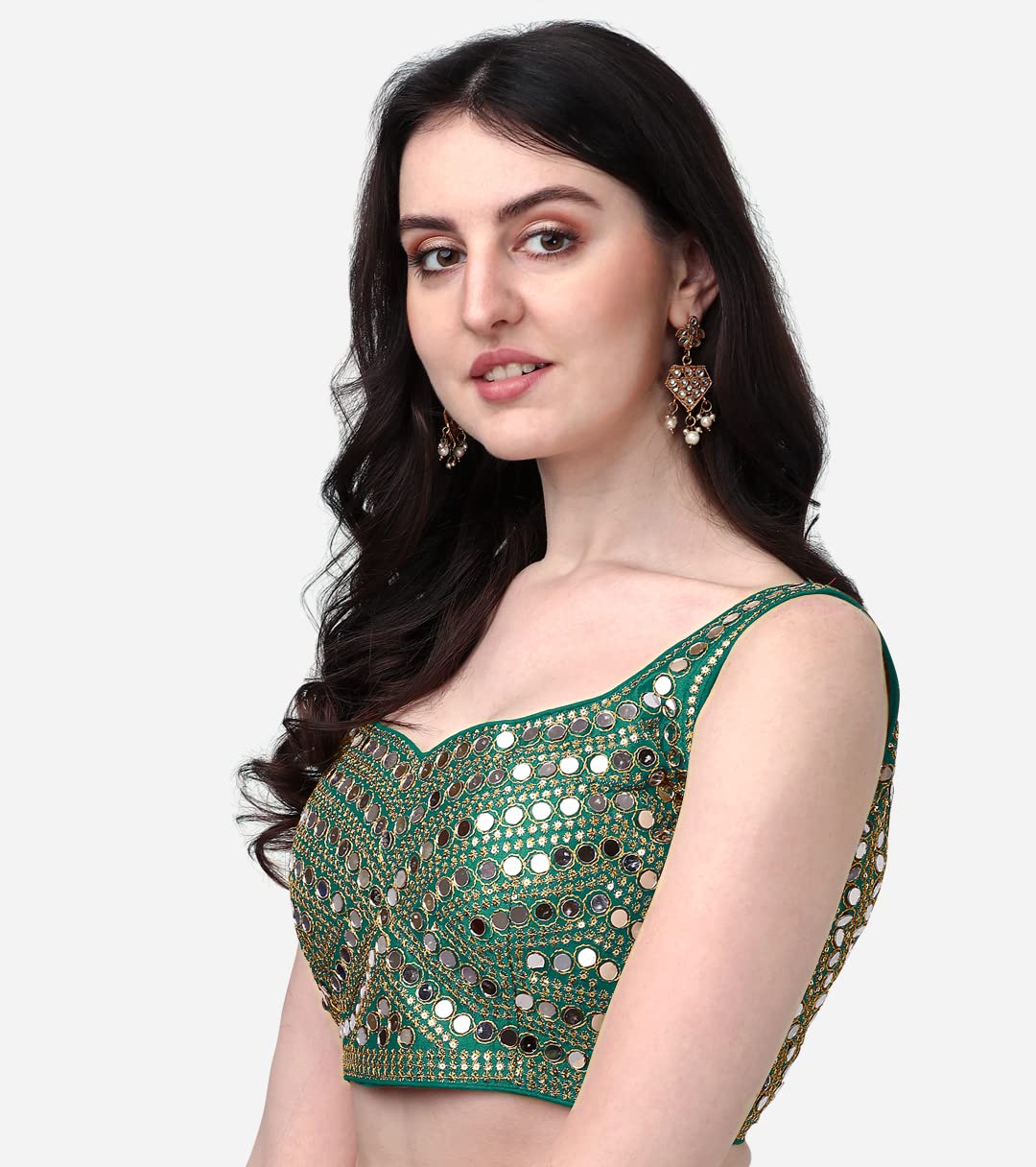 Pujia Mills Women's Embroidery Work Real Mirror Sleeveless Readymade Blouse Rama Color (V-Mirror Rama 38)