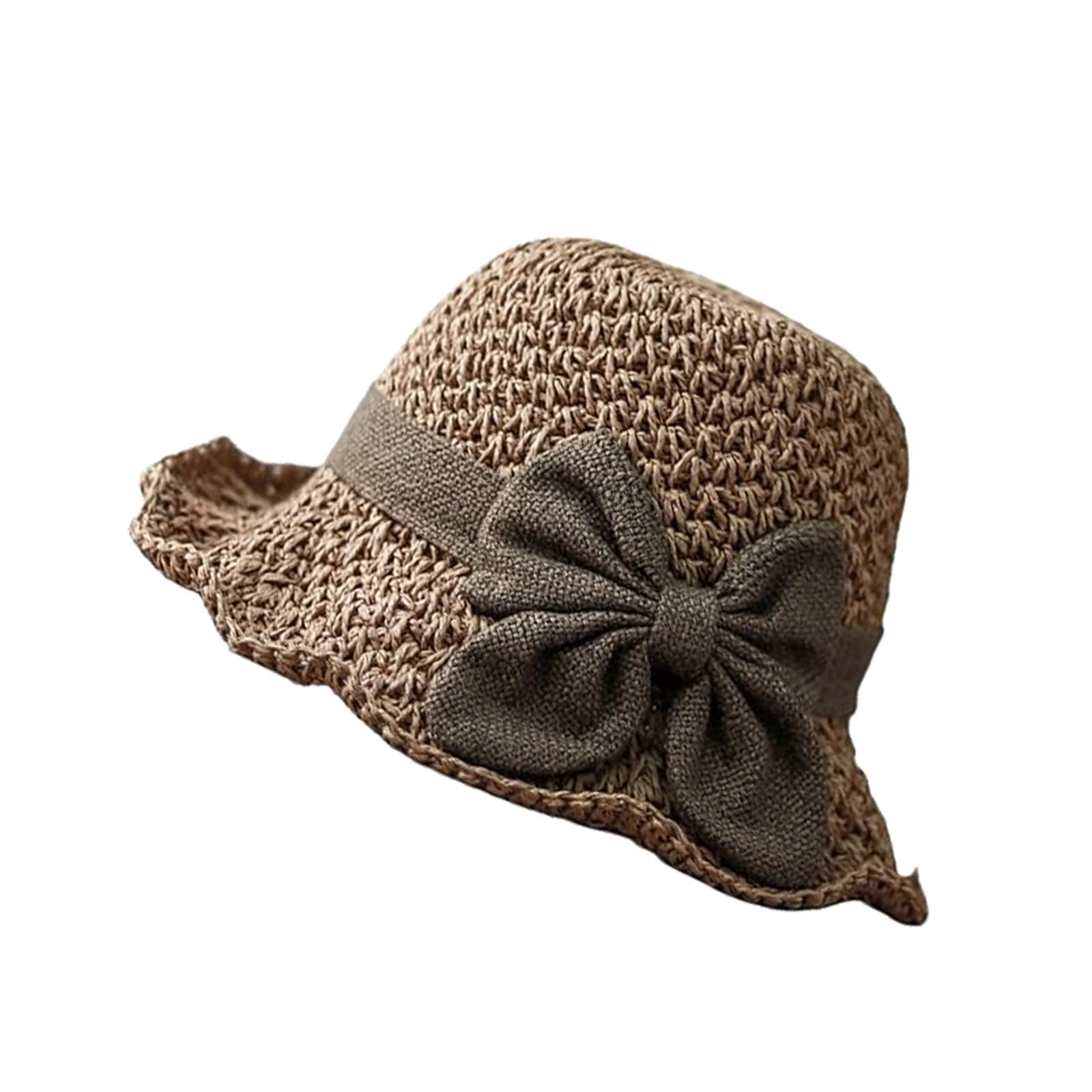 Hfdhd Unisex Coffee Versatile Retro Woven Handmade Straw Hat With Ruffled Bow,Womens Straw Bucket Hat Foldable Wide Brim Floppy Beach Sun Hats (Coffee)