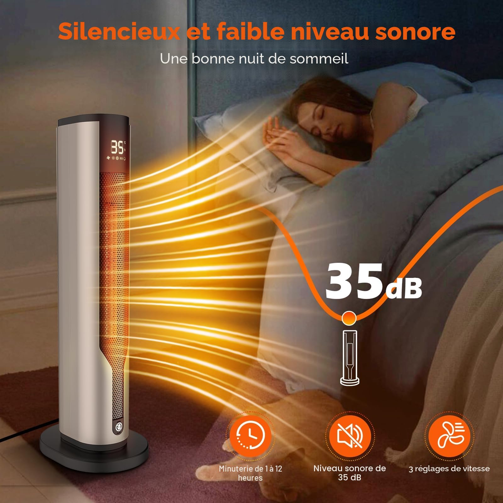 Chauffage d'appoint, radiateur électrique 60 cm, télécommande et minuterie 12h, interrupteur à bascule et protection contre la surchauffe, 2000 W, 3