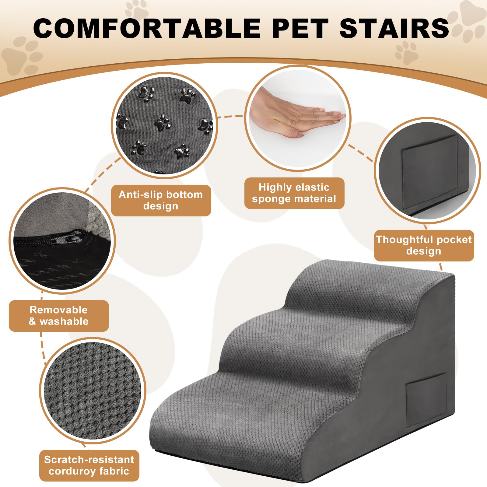 Escaliers pour Chiens à 3 Marches, Escalier pour Animaux en Éponge, Rampe pour Chien Antidérapant avec Housse en Tissu Amovible et Lavable, pour Canapé et Lit, Envoyer Rouleau Poils Animaux