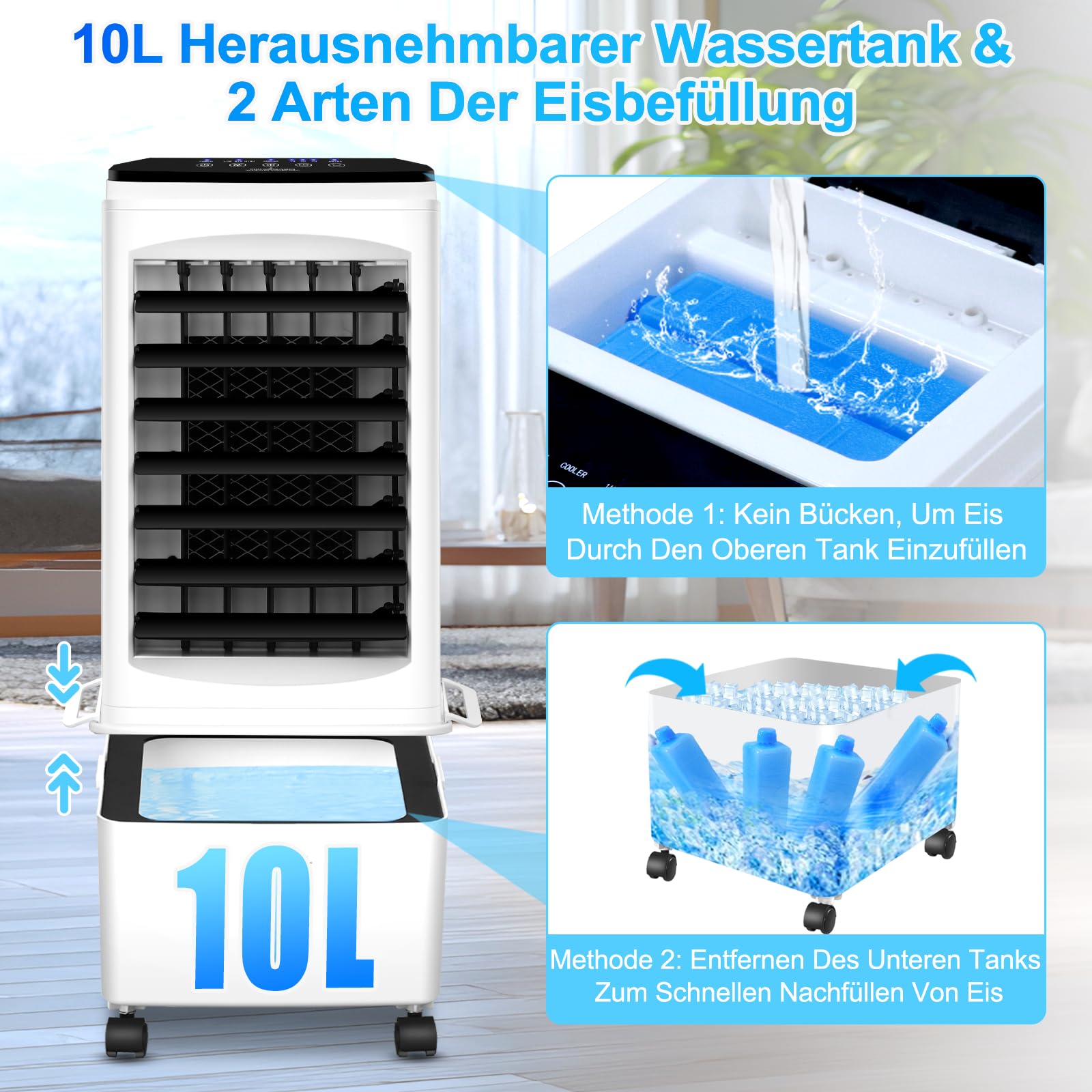 Climatizzatore senza tubo di scarico, 10 L, 60 W, condizionatore d'aria mobile con timer da 12 ore, 40 dB, oscillazione a 120°, serbatoio dell'acqua rimovibile, telecomando, silenzioso, portatile, per