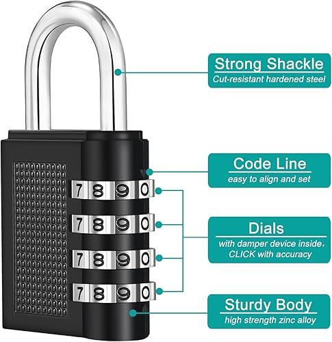 Miniatura 3 de ZHEGE Gym Lock - Candado de combinación de 4 dígitos para casillero, escuela, almacenamiento, habitación, valla, caja de herramientas (negro)