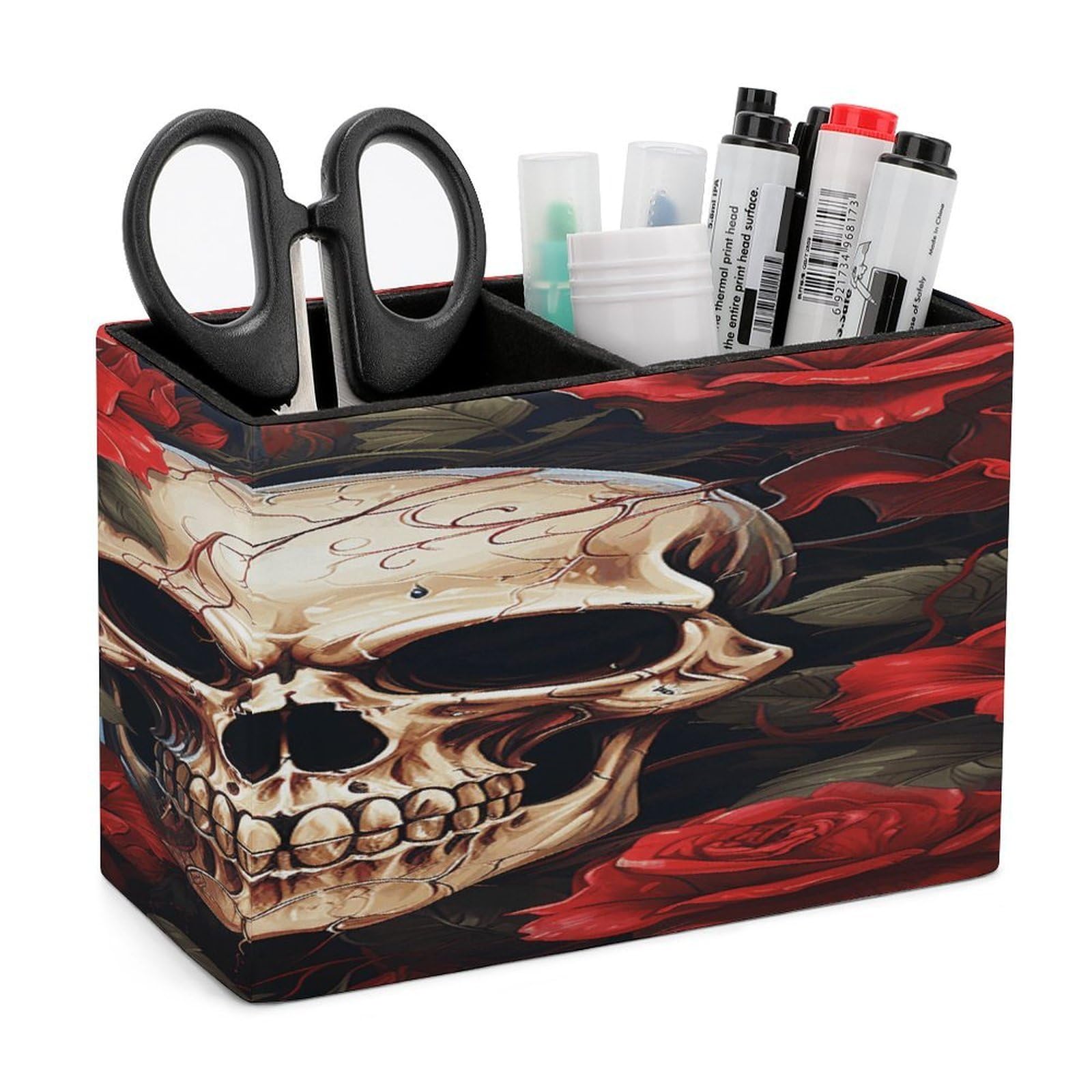 VstaDank Skull Rose-Red Pen Holder Double Compartments Pen Cup Fashion Makeup Brush Holders Leather Pencil Holder for Work Locker Accessories Modern Pencil Cup for Desk Organizer