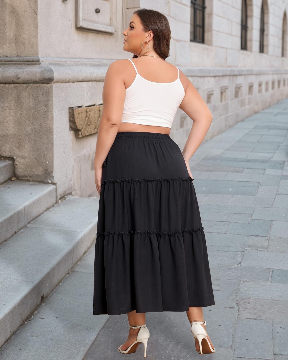 Plus Size Maxi Skirt for Women Elastic High Waisted A Line Tiered Long Flowy Skirts with Pockets - Image 3
