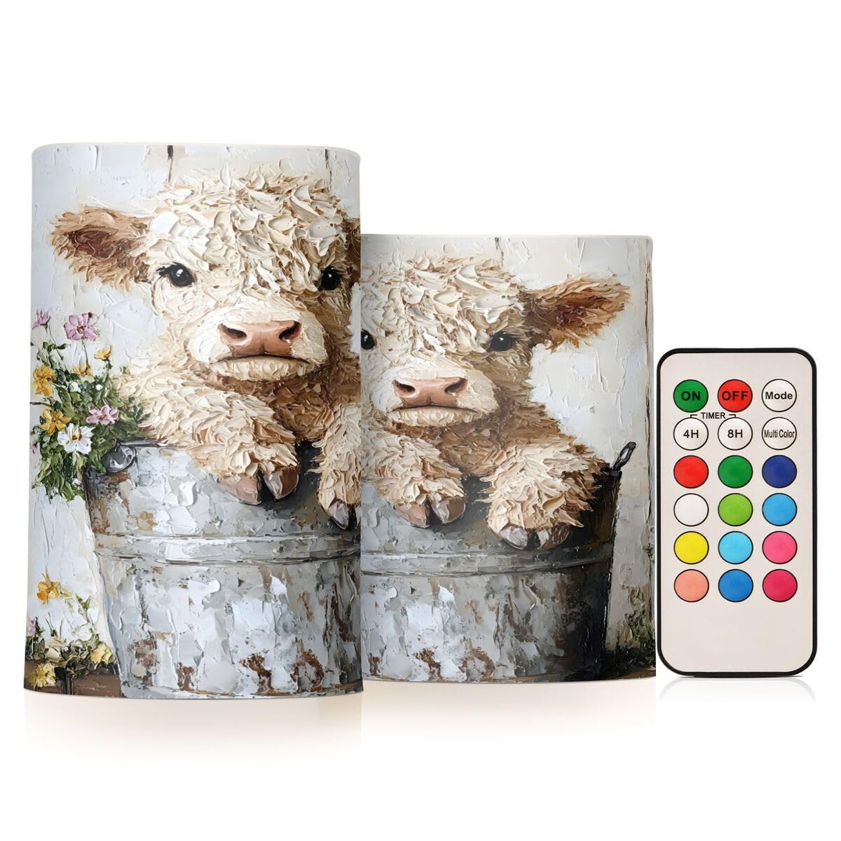 JUMBEAR Cute Highland Cow LED Candles Set of 2,Flameless Candles 4" 5" Real Wax Battery Candle Pillars, 18 Key Remote Control with 24 Hour Timer Function