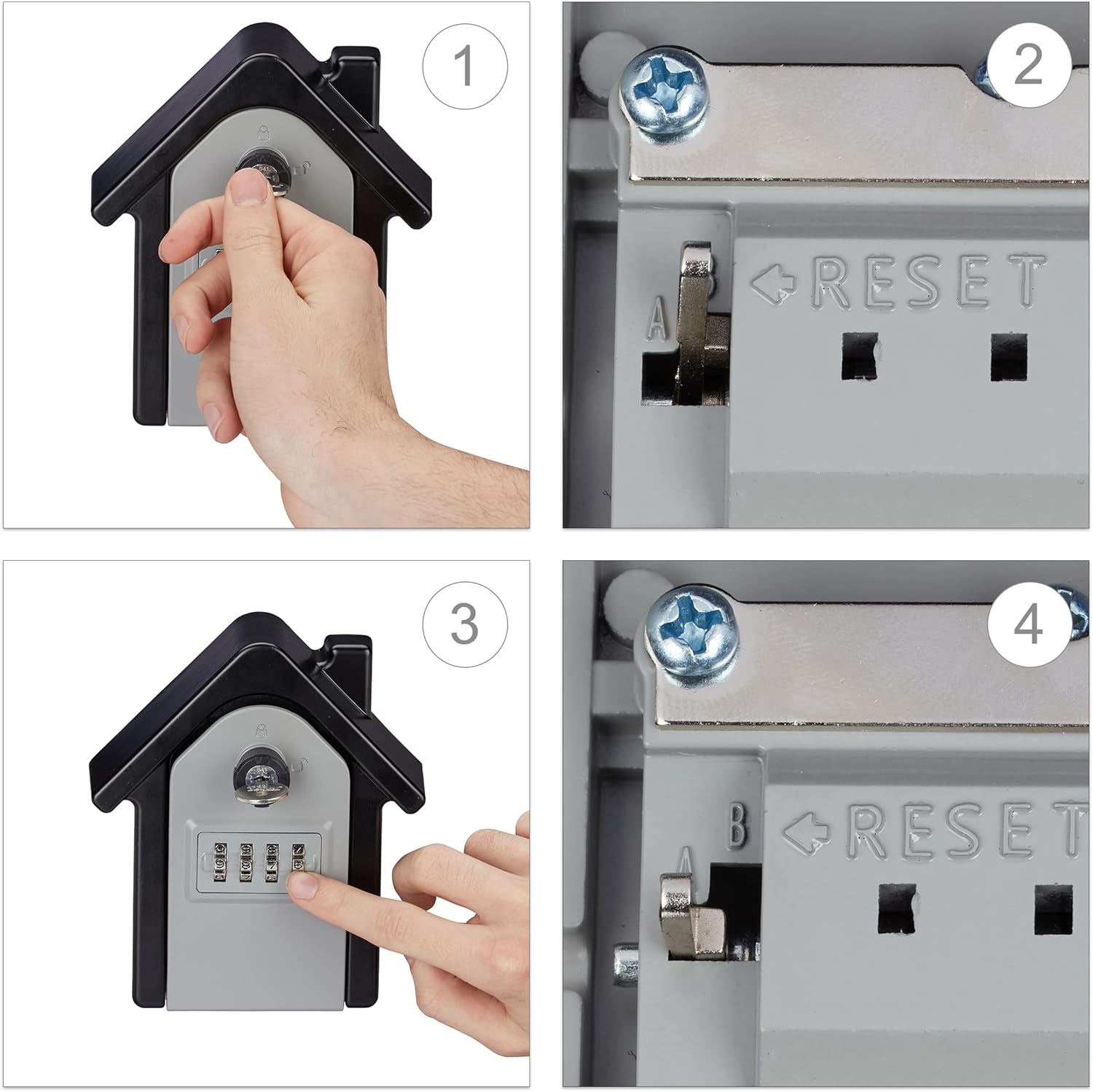 Four-panel image showing steps to change the combination code. Panel 1: Hand opening the safe. Panel 2: Lever in 'A' position. Panel 3: Setting new code. Panel 4: Lever in 'B' position.