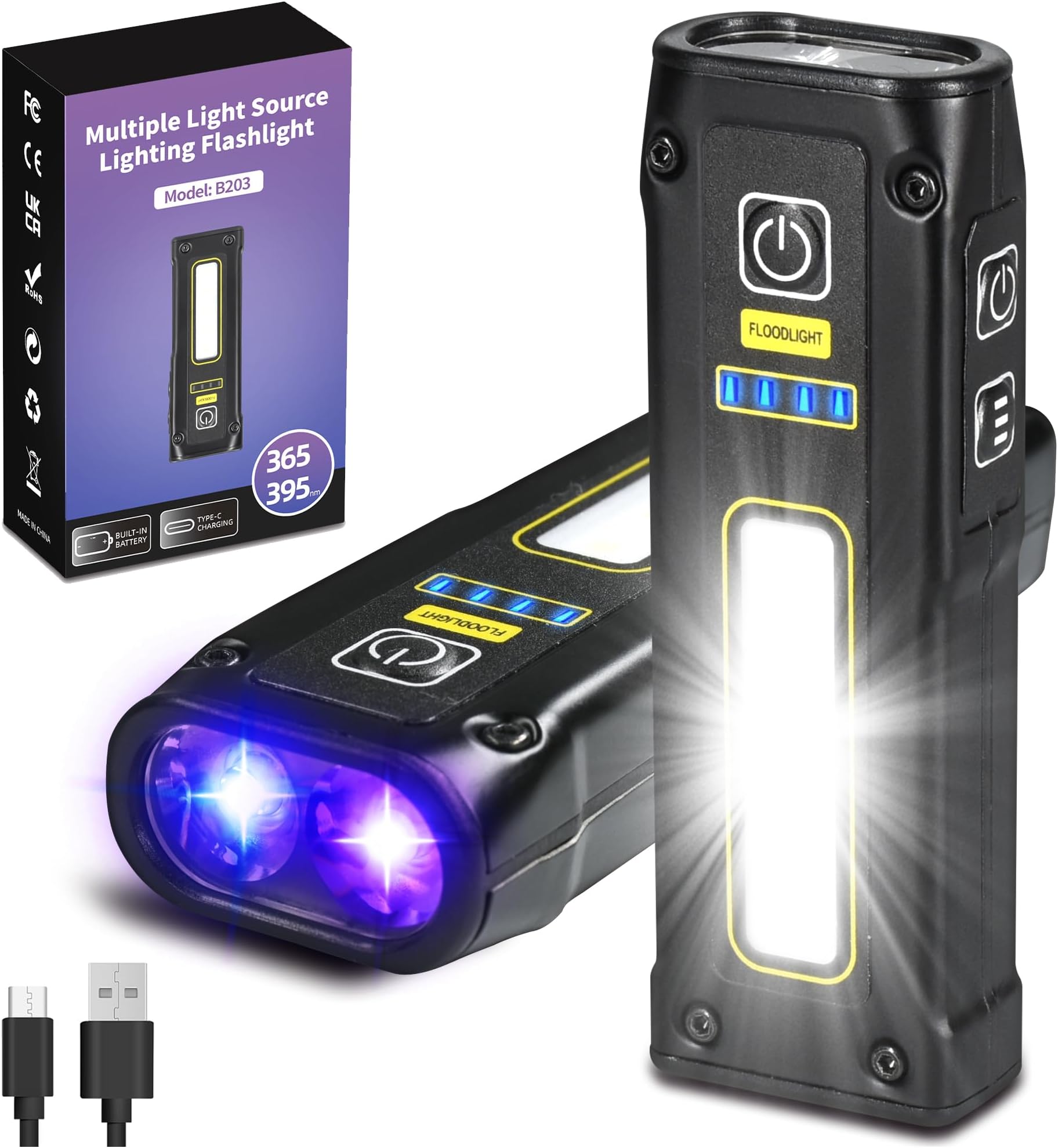 DARKBEAM UV Flashlight 365+395 Blacklight, LED EDC Flashlights high Lumen USB C Rechargeable Woods Lamp, Mini Magnetic COB Red Light - Emergency Power - Urine, Scorpion Detector, Cure Resin