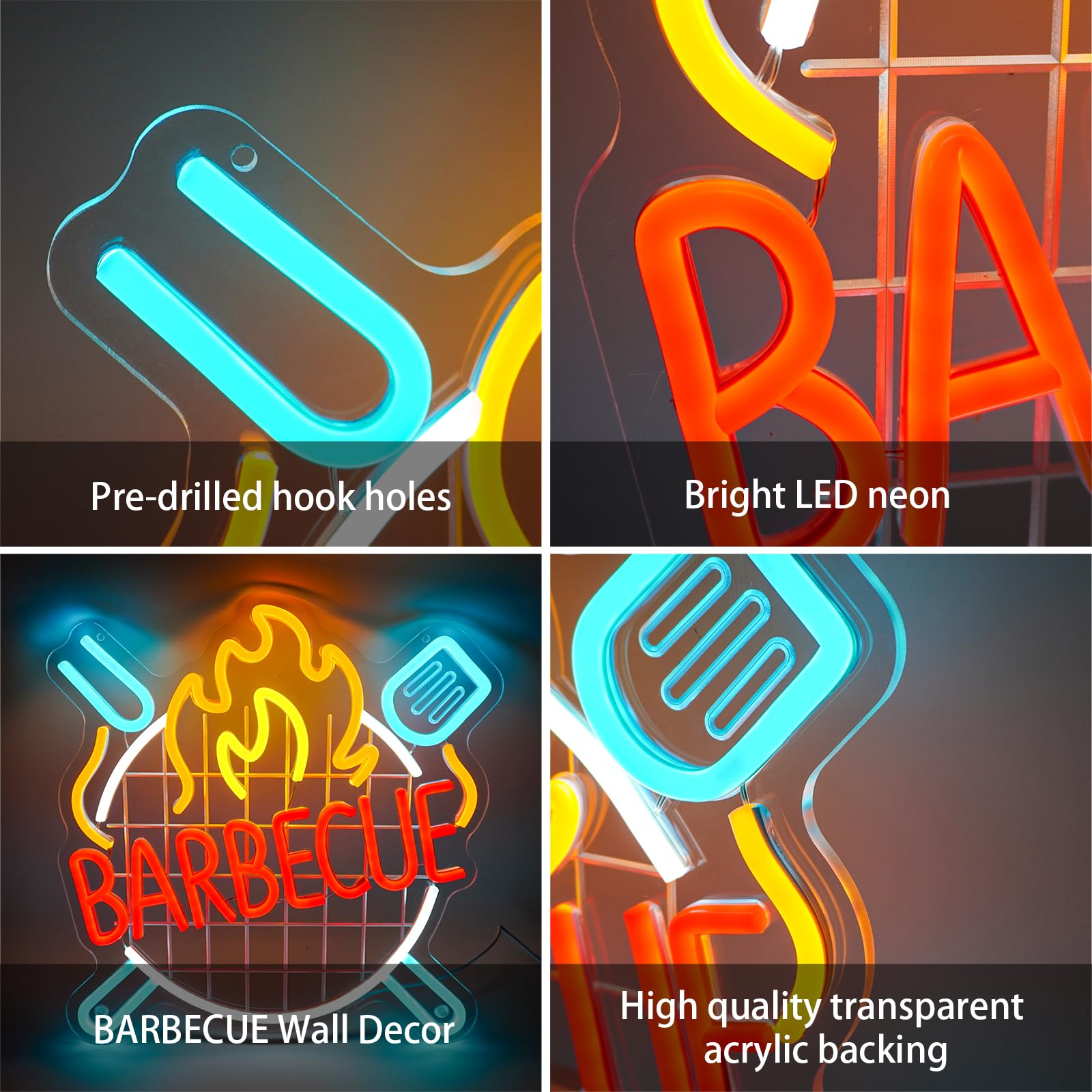 Enseigne Lumineuse Néon BARBECUE, Plaque de Porte BBQ LED USB avec Interrupteur à Intensité Variable pour Décoration Murale Extérieure