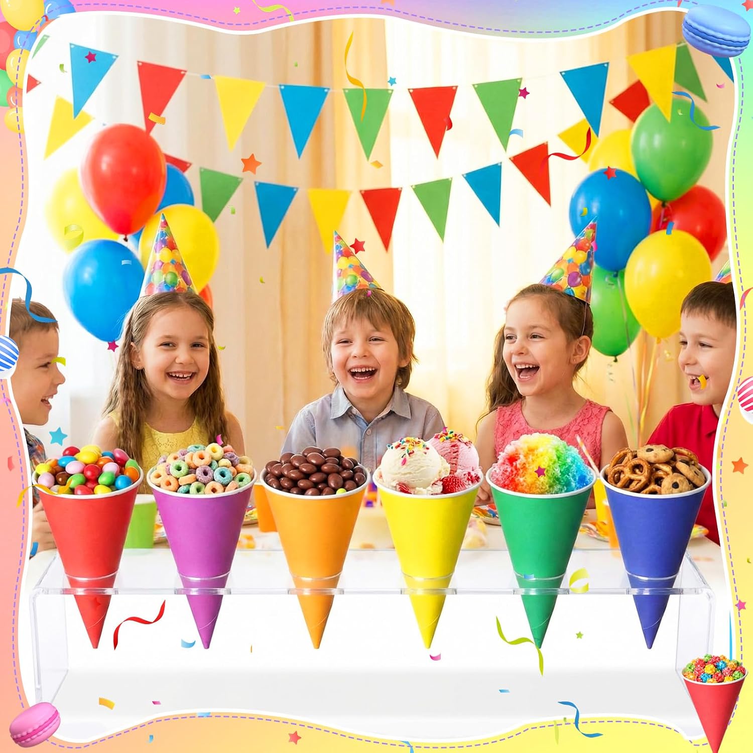 Honeydak 50 Pcs Snow Cone Cups 6 oz Disposable Rainbow Paper Cone Cups, 6 Bright Colors, Slush Shaved Ice Cream Sorbet for Carnivals Party