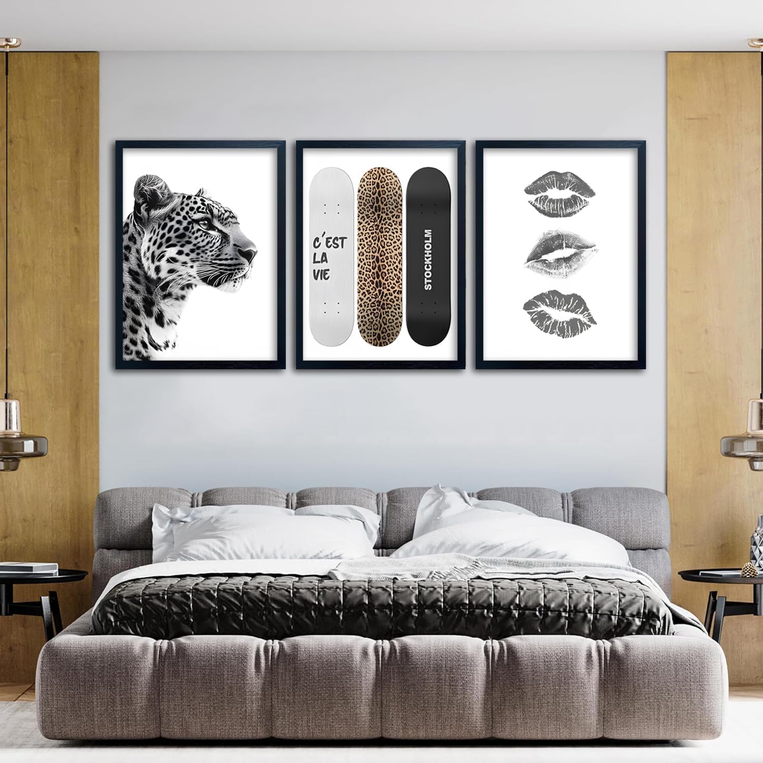 Framed Stockholm Style Canvas Wall Art Set of 3 Black and White Fashion Leopard Print Lips, Preppy Room Aesthetic Cheetah Wall Decor for Girls Bedroom Apartment or Dorm 24x16 Inch Black Wood Frame