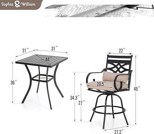 Miniatura 63 de Sophia & William Juego de 5 piezas de mesa de comedor y sillas de patio al aire libre, juego de muebles de 4 taburetes giratorios con cojín rojo y 1