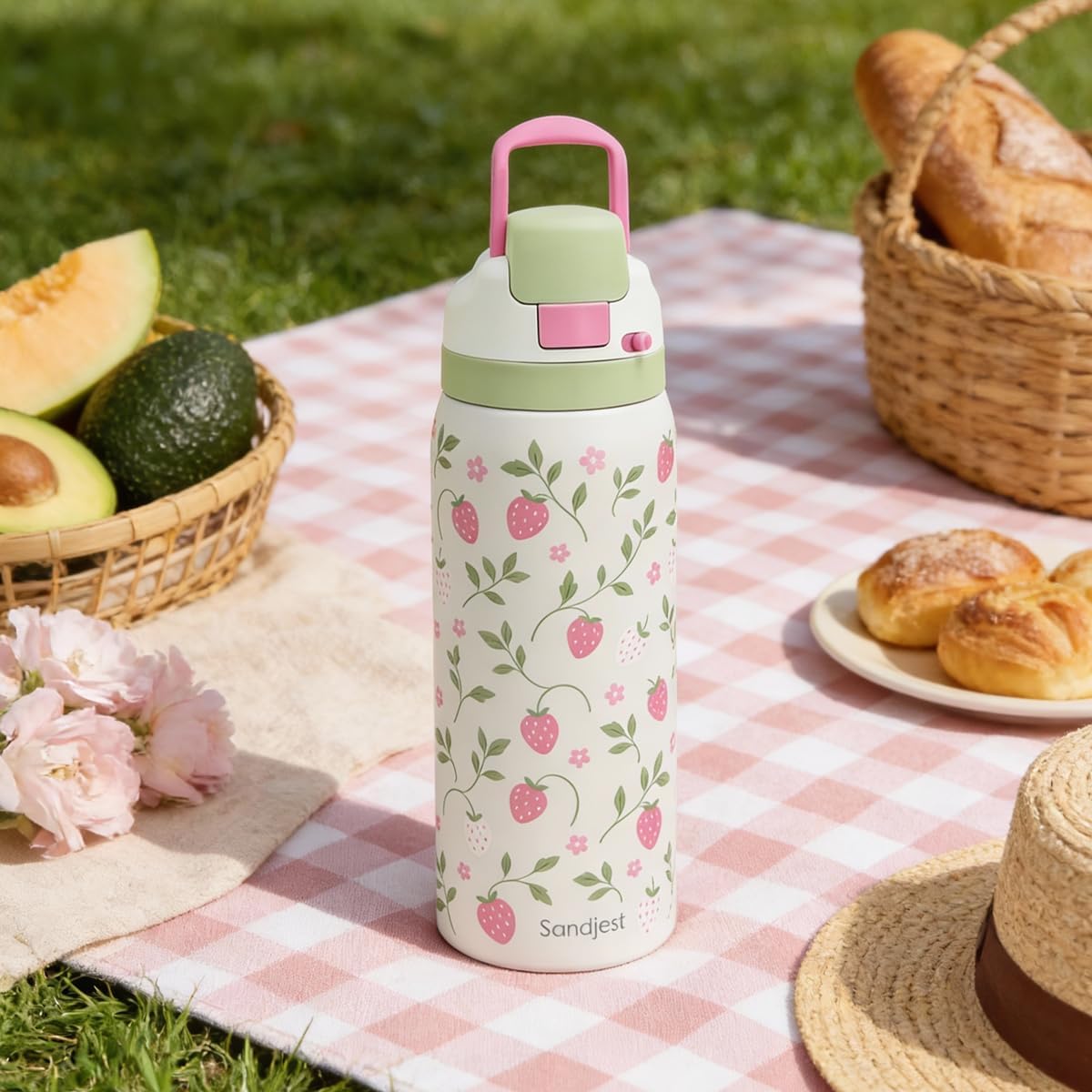 Strawberry Stainless Steel Water Bottle, Vacuum Insulated, Push-Button Lid, 32 oz, Gifts for Women Girls Friends Teens Birthday Christmas